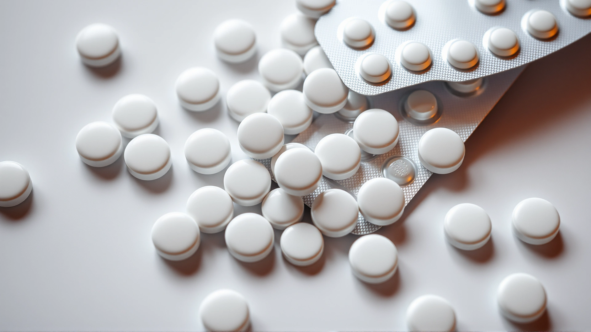 Macro shot of scattered white acetaminophen tablets and blister packs on a clean surface