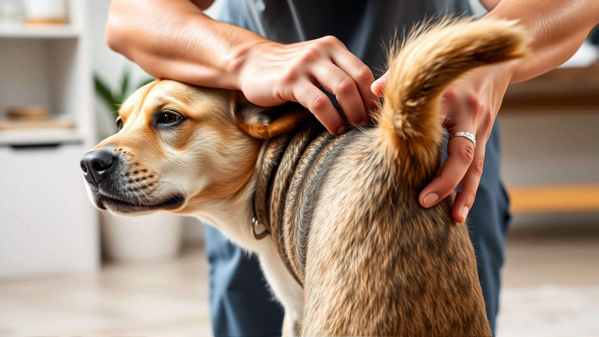 Owner gently lifting a dog's tail to inspect for ticks, indoor, calm atmosphere