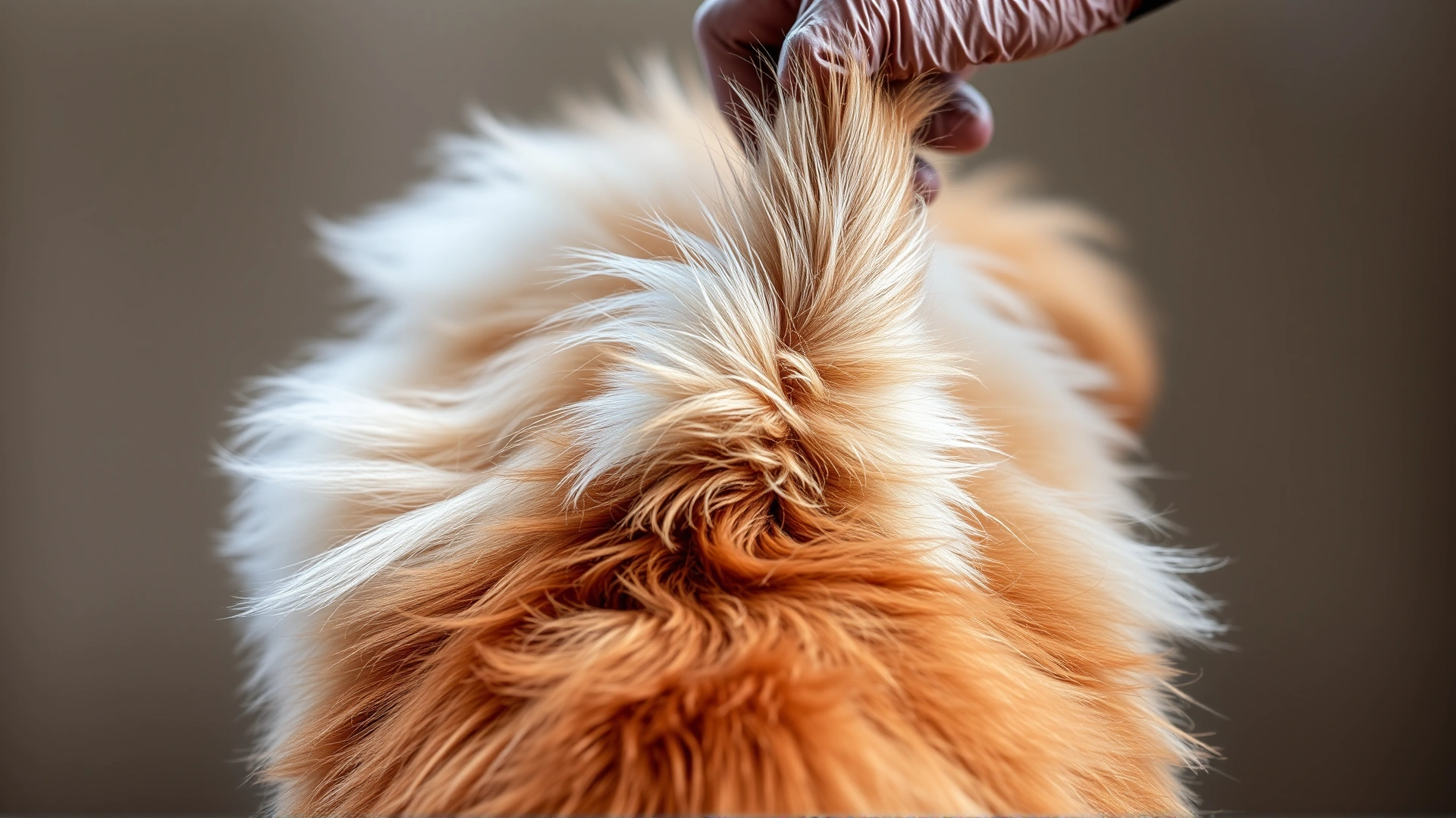 Rear view of a fluffy dog with tail gently lifted by a gloved hand to check the underside for ticks, soft focus background