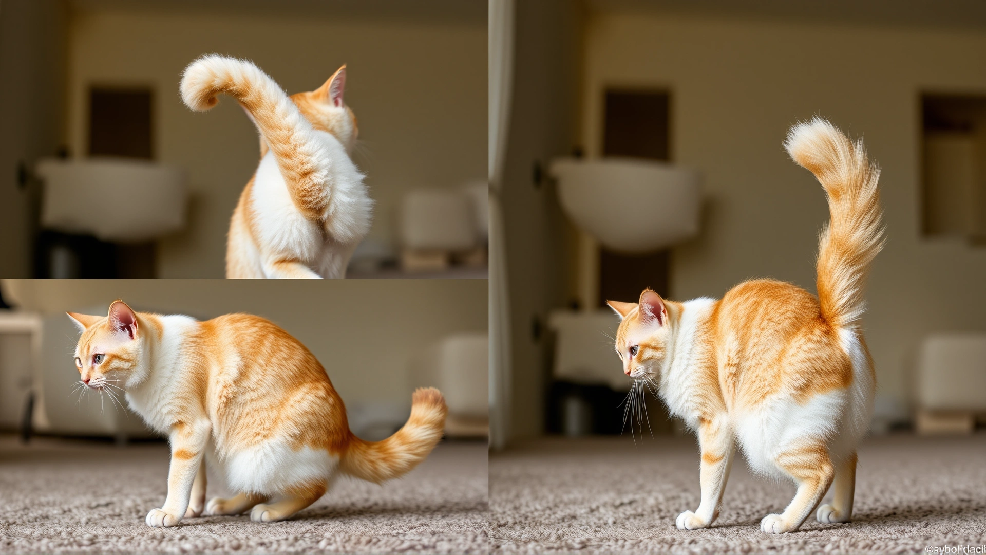 Collage of four photos showing the same cat in different tail positions: raised, puffed, lowered, and rapid wagging, neutral indoor background, no text