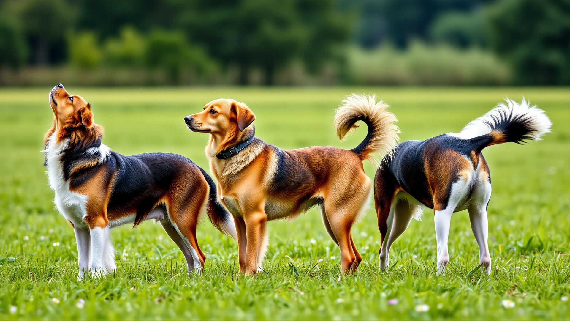 Three different dogs standing in a grassy field side by side, each showing a distinct tail position: one high and stiff, one level and relaxed, and one tucked low
