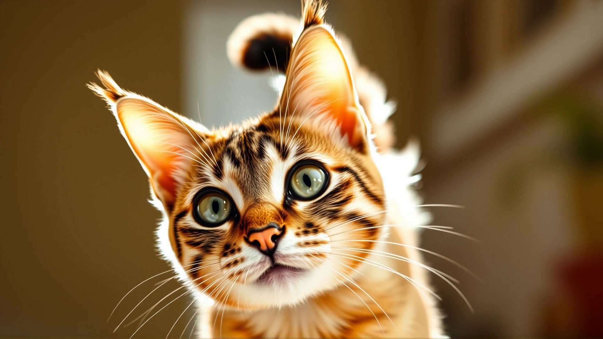 Cat approaching camera with tail held high and gently curved tip, bright and airy interior.