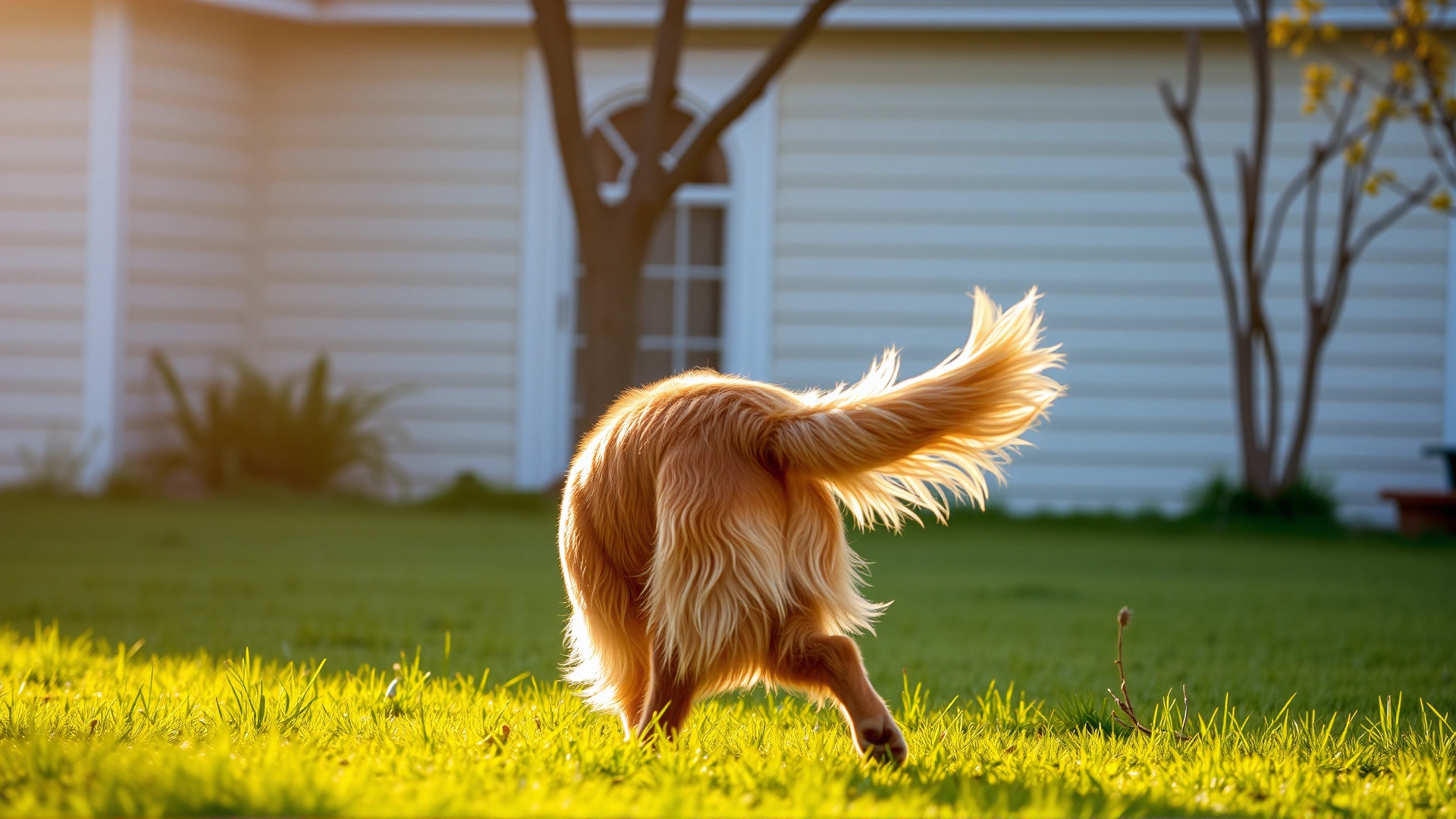 Medium shot of a golden retriever wagging its tail in an open grassy yard with warm afternoon light highlighting the motion.