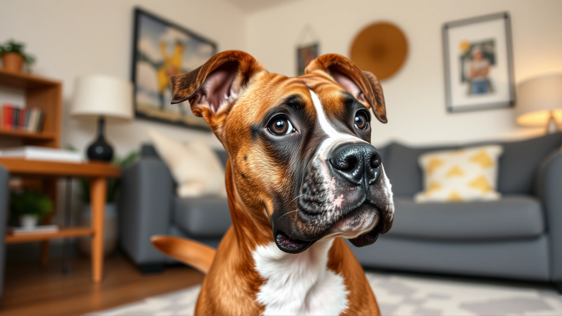 Boxer dog with naturally short tail communicating through ear position and body posture in a home living room