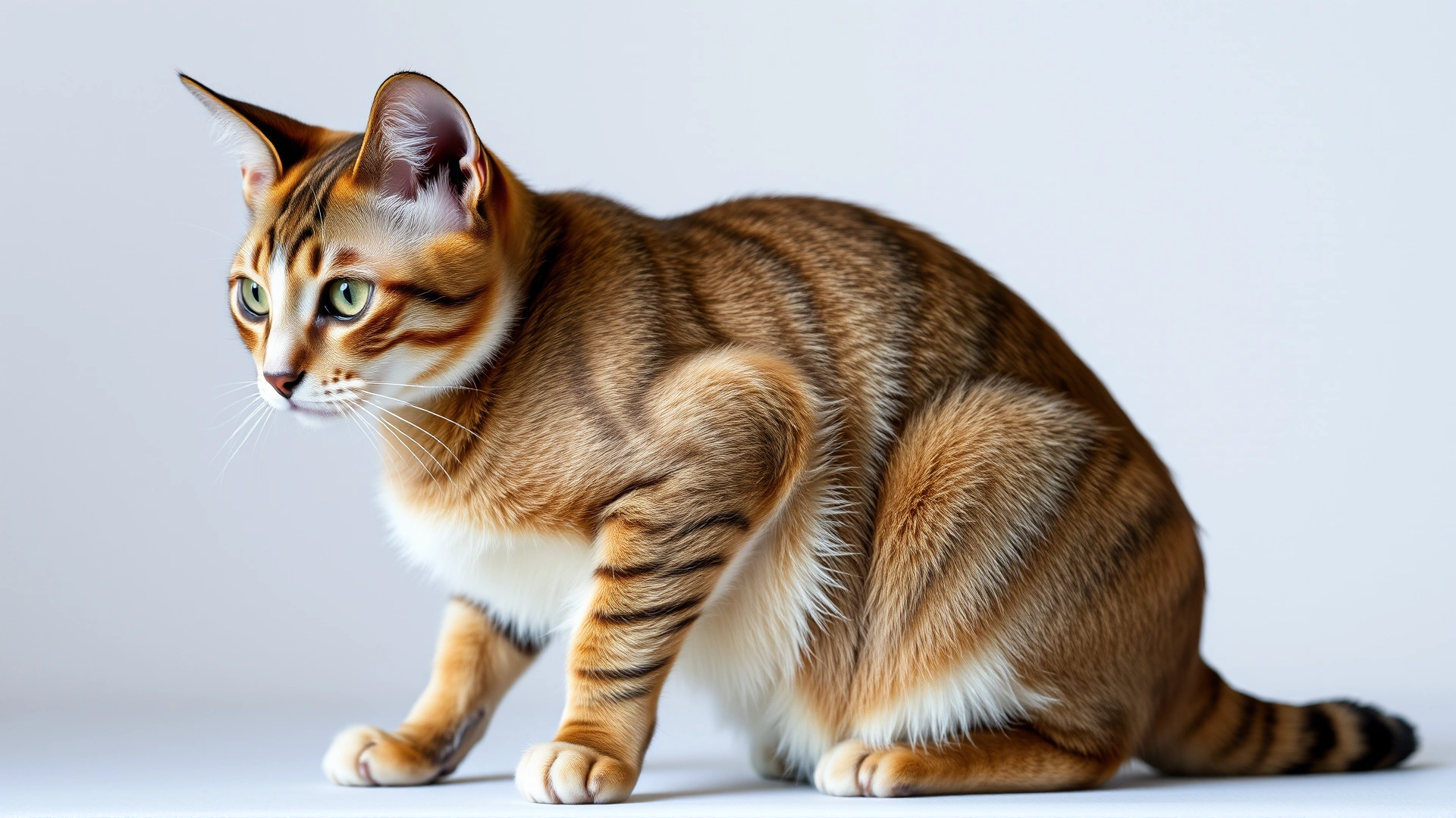 Portrait of a Manx cat sitting sideways to clearly show its naturally tailless rump, studio background, high-resolution