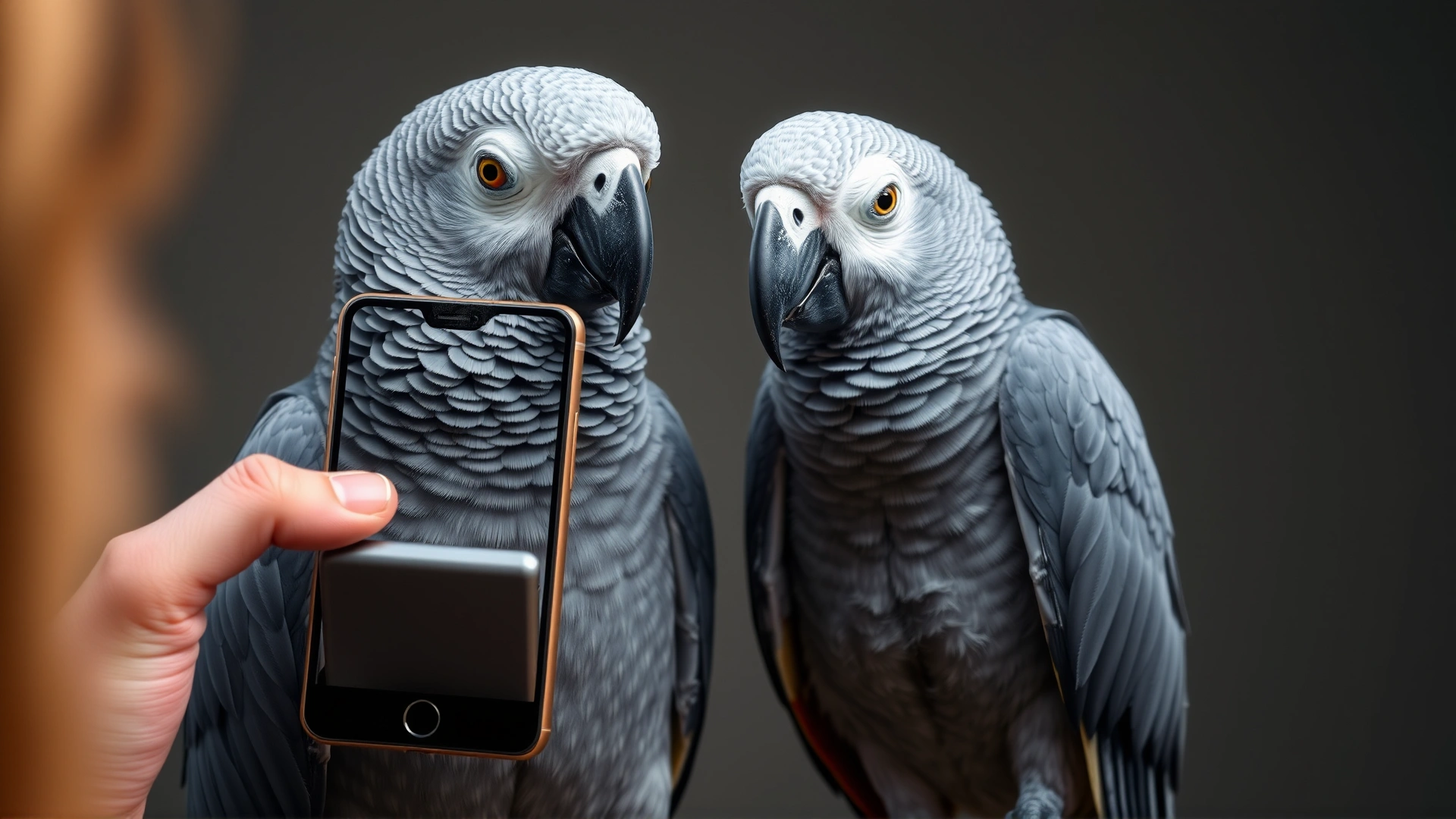Person holding a smartphone next to an African grey parrot, expecting it to mimic speech, highlighting unrealistic expectations about talking birds.