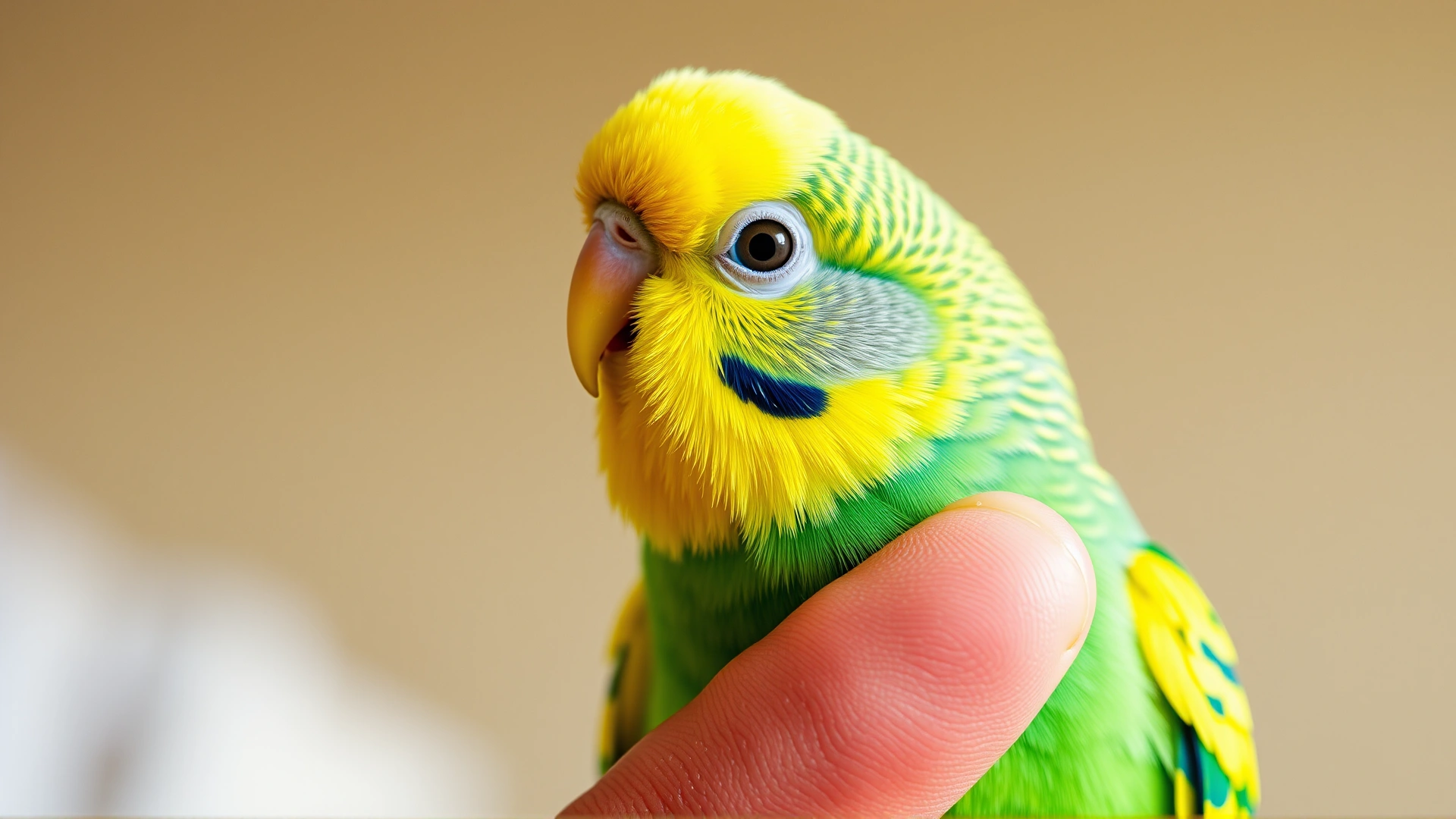 Colorful budgerigar sitting on owner’s finger, mouth open mid-vocalization, bright natural lighting.