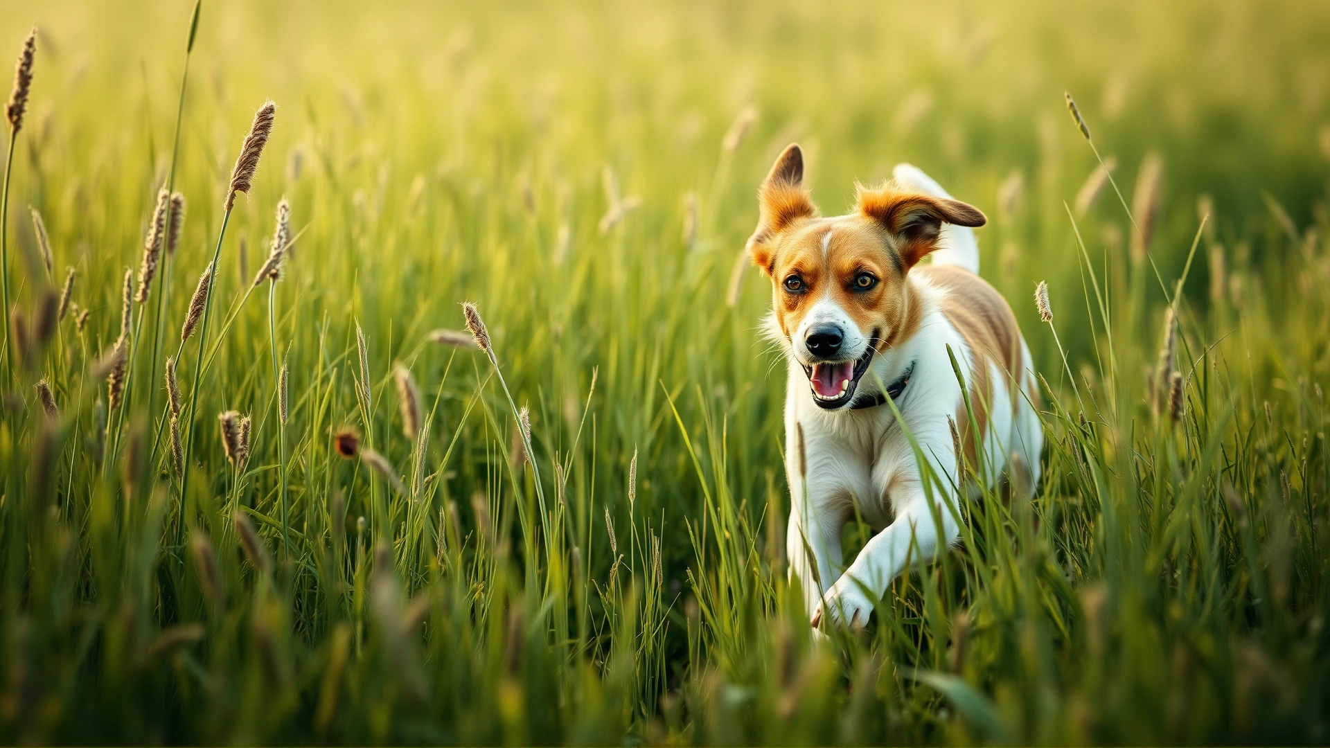 Medium-sized dog running through tall meadow grass, tick on blade nearby, summertime, soft focus background