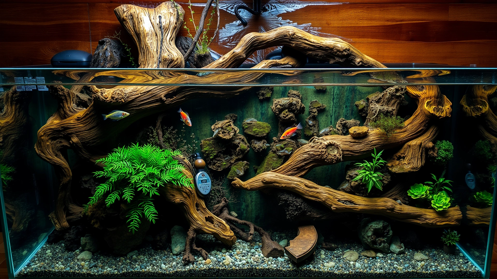 Overhead view of a freshly aquascaped aquarium setup with driftwood, natural substrate, and adequate swimming space simulating a river environment suitable for Arowana.