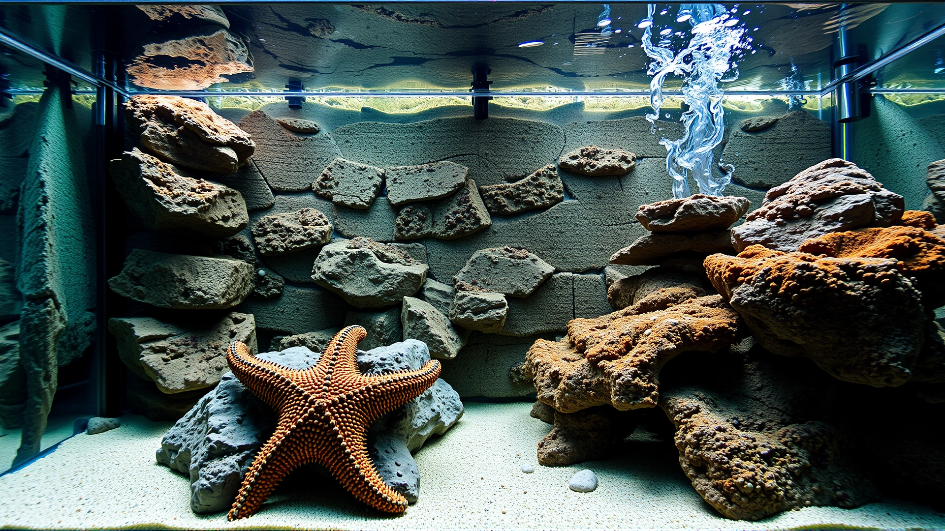 Wide-angle shot of a 75-gallon marine aquarium displaying sandy substrate, stacked live rock formations, and gentle water flow; lighting highlights an open space suitable for starfish movement