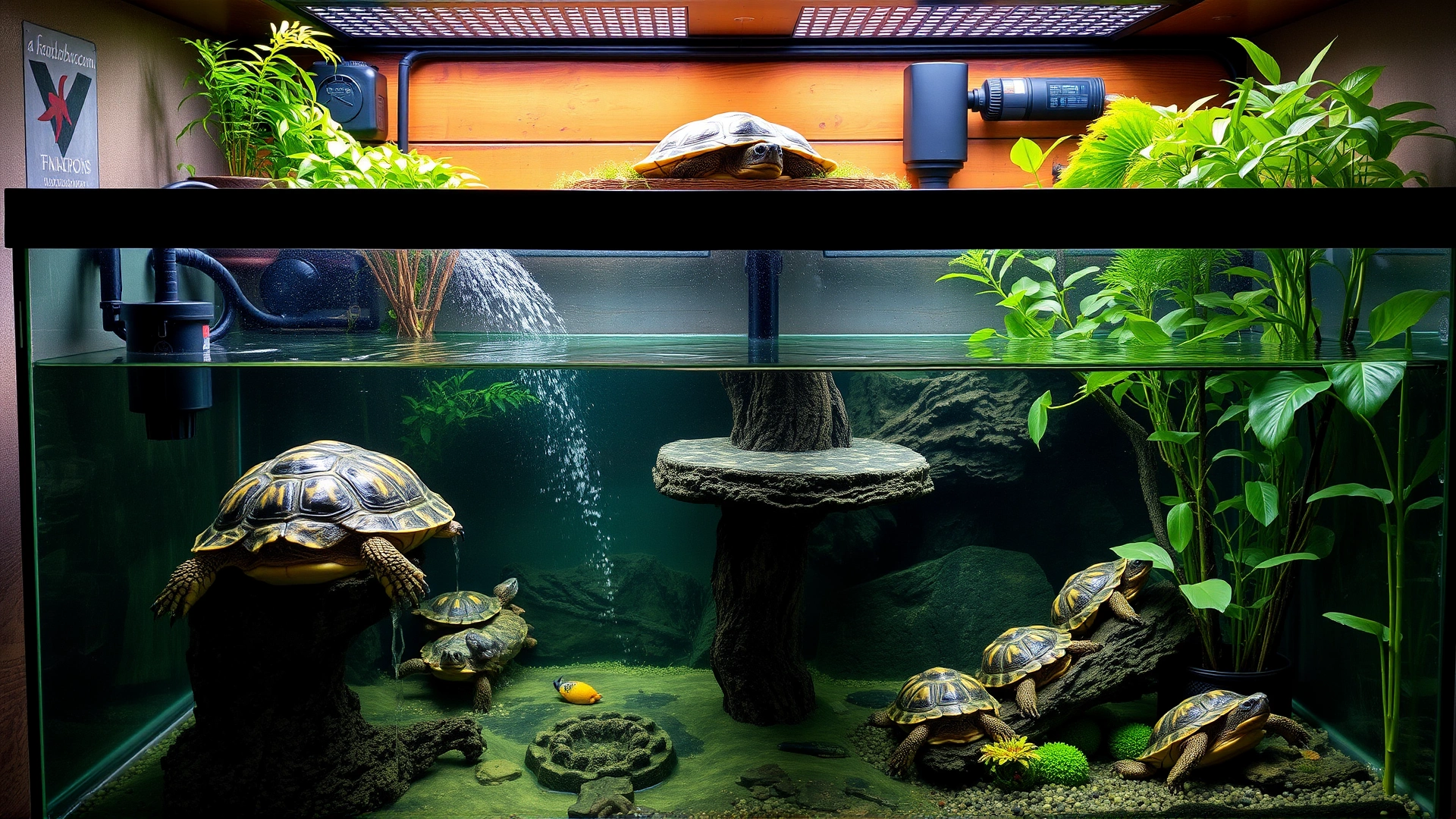 Wide shot of a fully equipped aquatic turtle tank with water area, basking platform, filter, heater, and lush aquatic plants