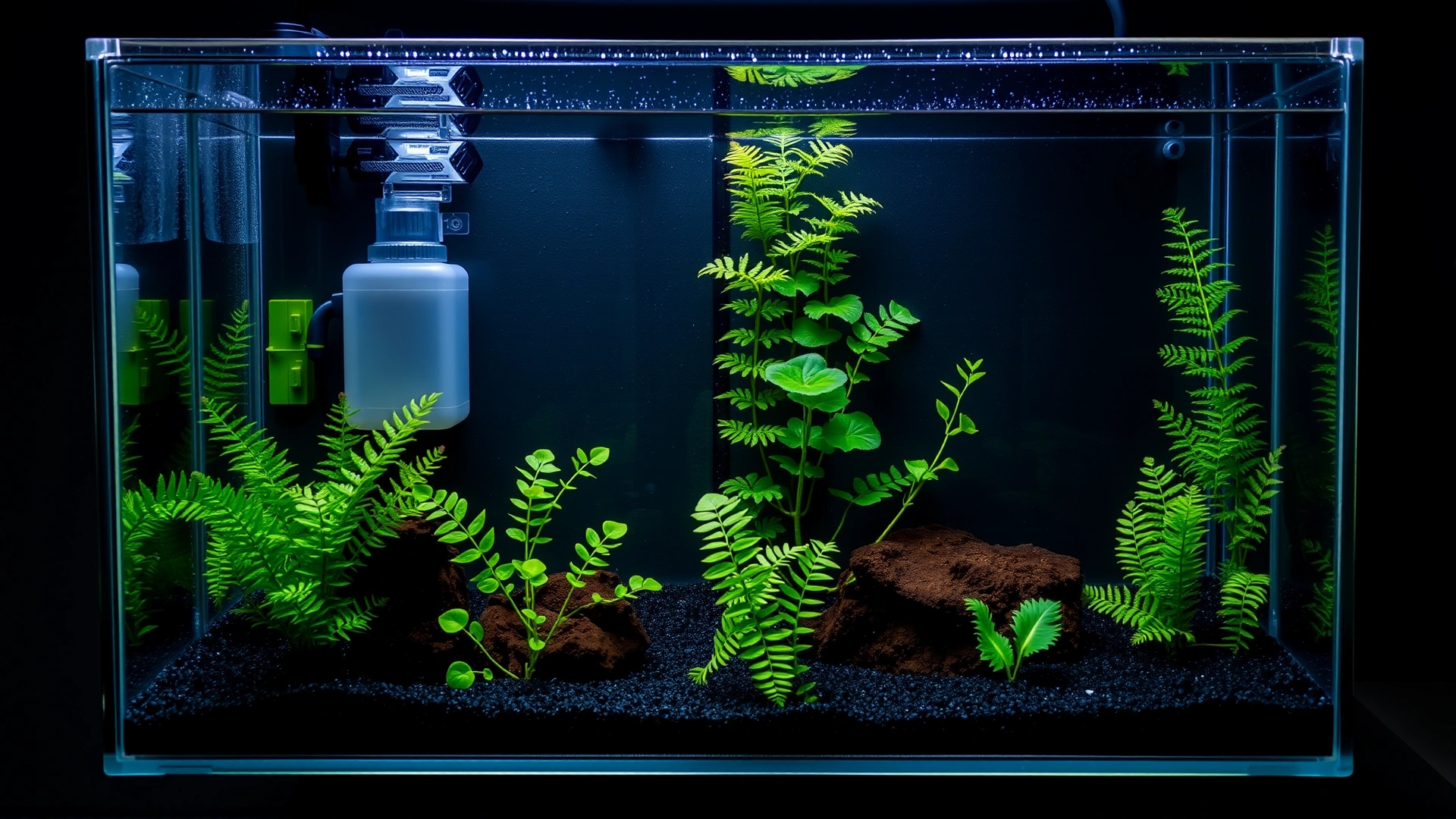 Overhead shot of a freshly set up 5-gallon freshwater aquarium featuring a sponge filter, heater, dark substrate, and live plants like anubias and java fern. No fish inside yet.