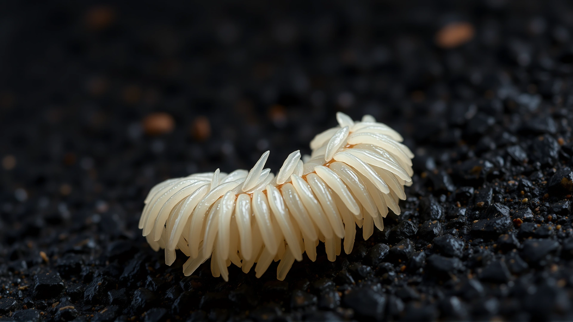 Macro photograph of a single tapeworm segment resembling a rice grain on a dark textured surface, highly detailed, no text