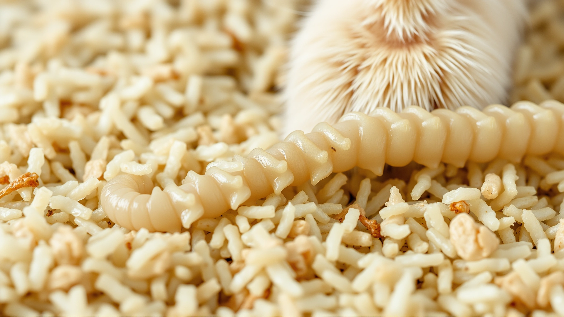 Macro photograph of fresh cat feces on clean litter showing small white rice-like tapeworm segments; clear focus on segments to help readers recognize them.