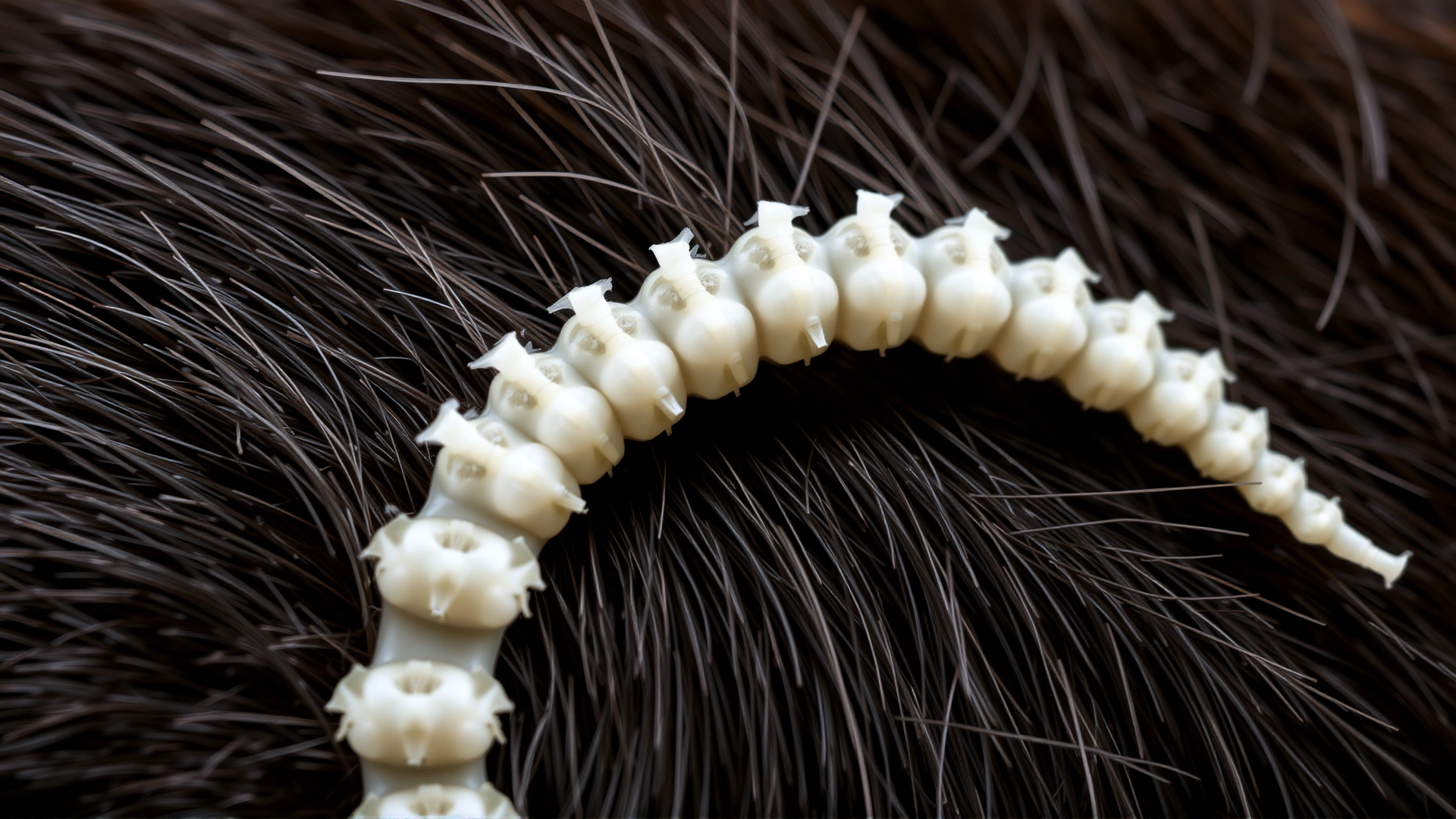 Macro close-up of white tapeworm segments on dark cat fur, high detail, no text.