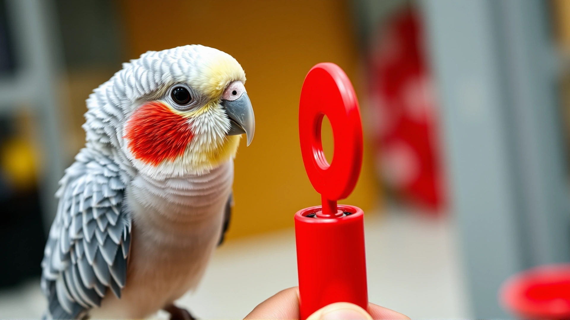 Cockatiel touching the end of a red target stick held by trainer's hand, training perch, shallow depth of field, high resolution