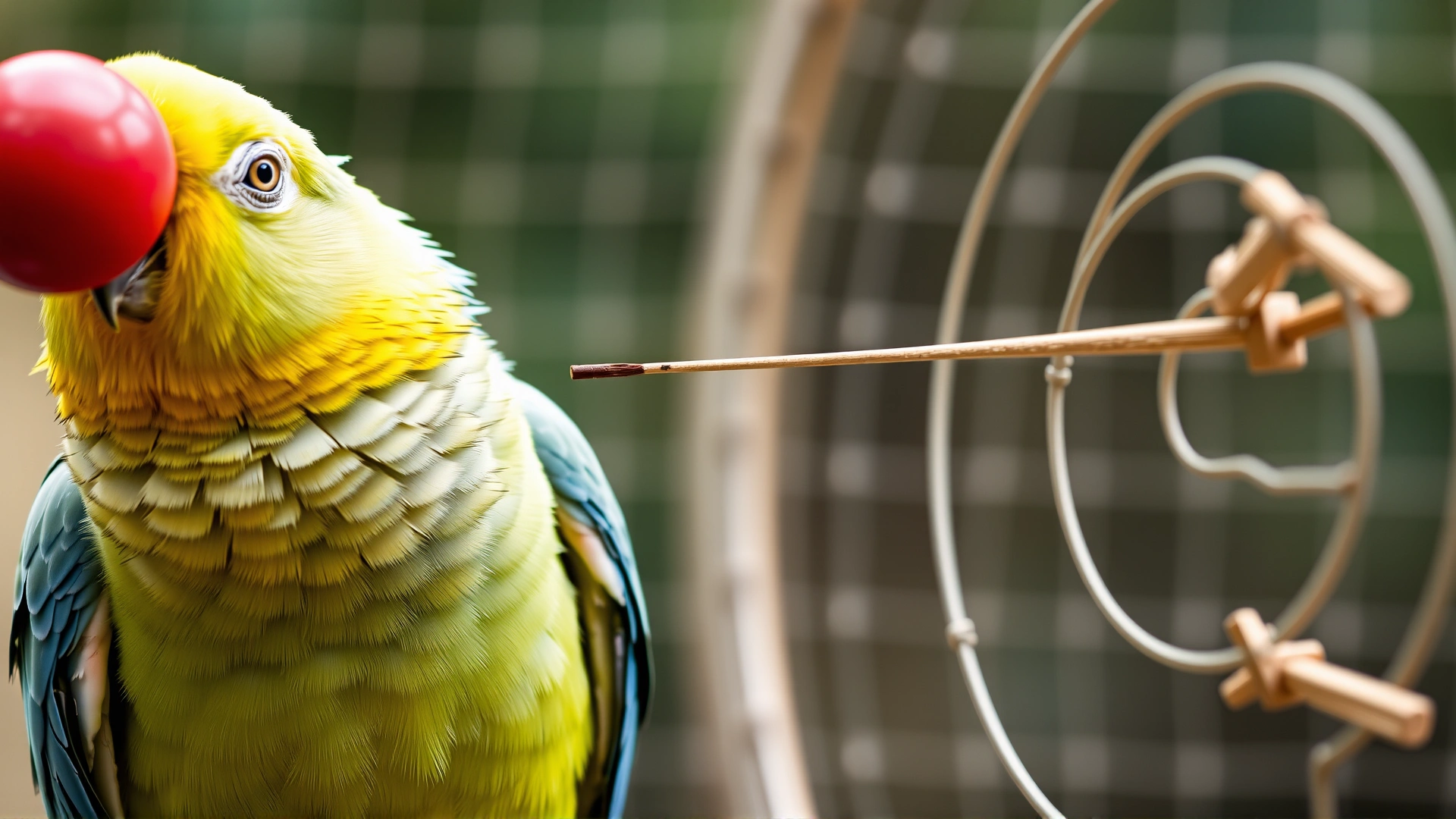 Parrot touching a red ball on the end of a target stick held by the trainer.