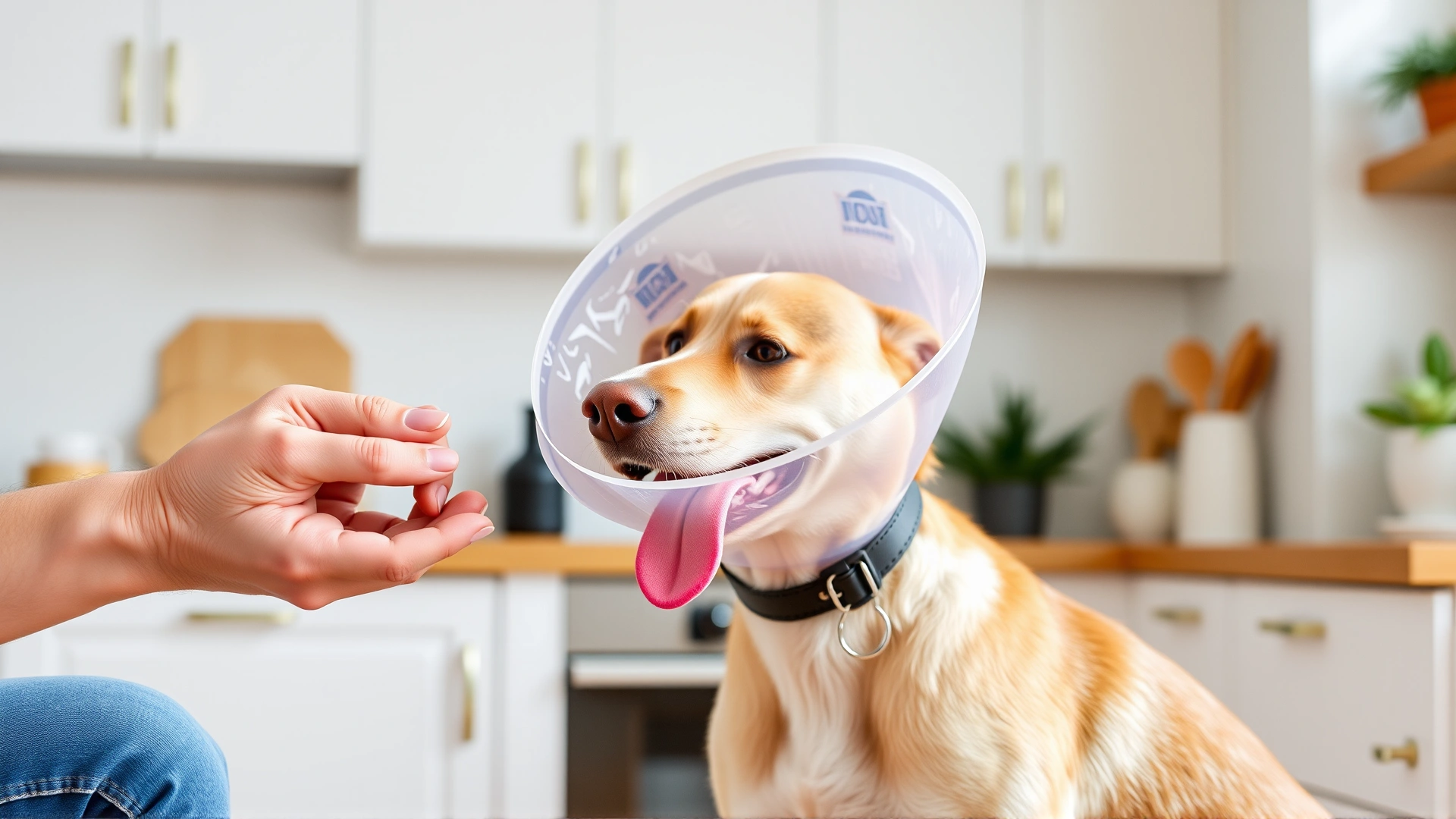 Owner offering a treat to a dog wearing a recovery cone to create a positive association; bright home kitchen background
