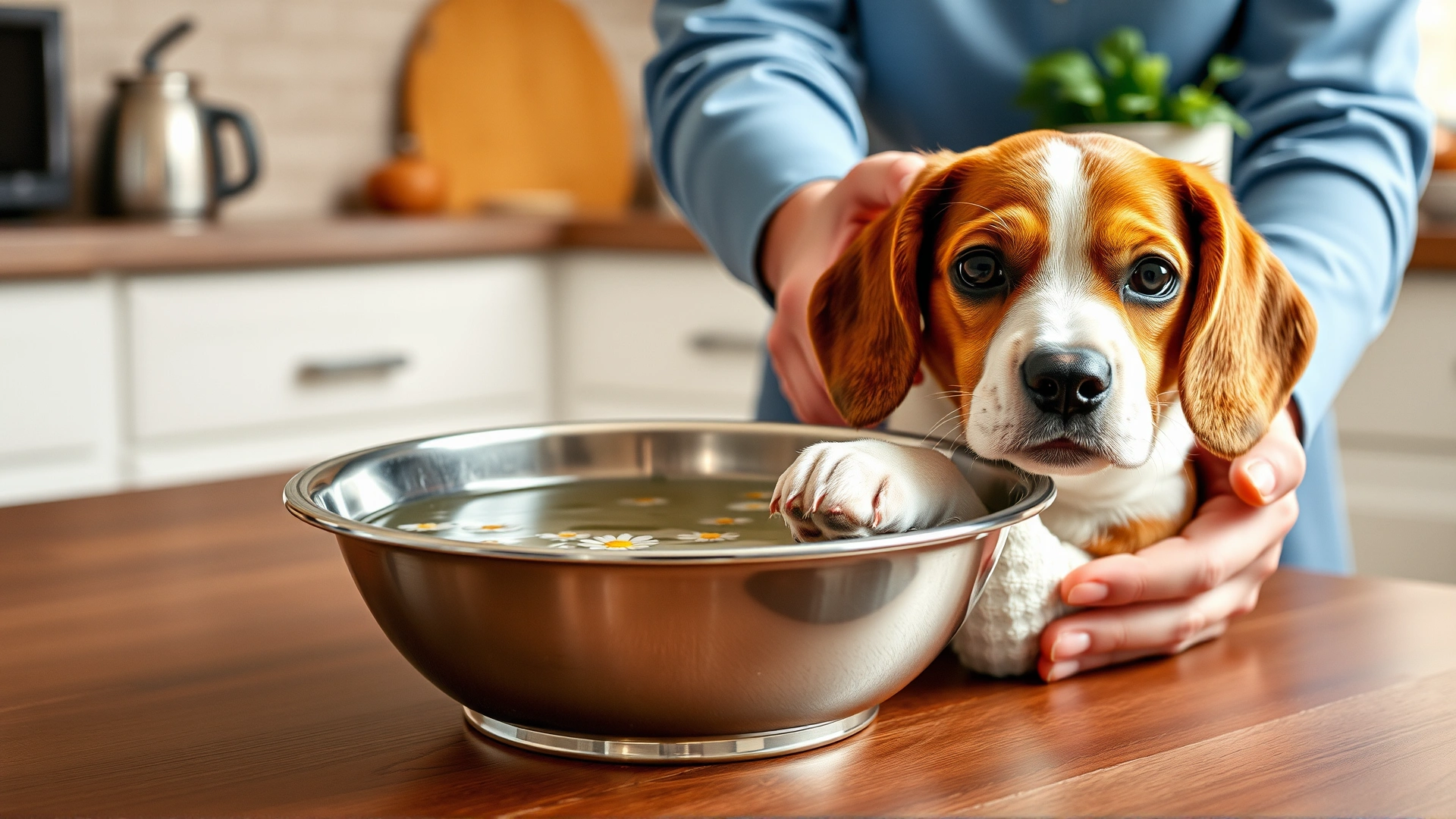A small beagle soaking its front paws in a stainless bowl of cooled chamomile tea in a kitchen, owner gently supporting the paw.