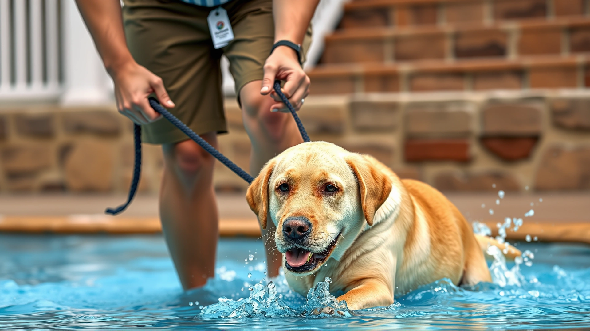 Dog owner gently guiding a young Labrador into shallow pool steps holding leash, with lots of splashes