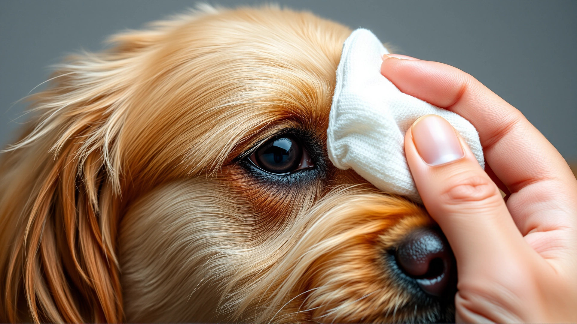 Macro shot of a hand gently wiping tear stains from underneath a Bolognese dog’s eye with a soft cotton pad, neutral background.