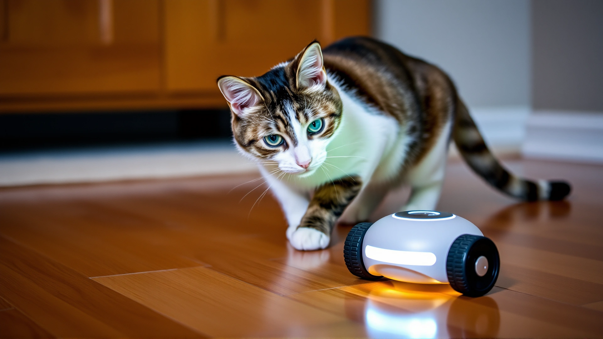 Cat interacting with an electronic smart toy that rolls and lights up on hardwood floor