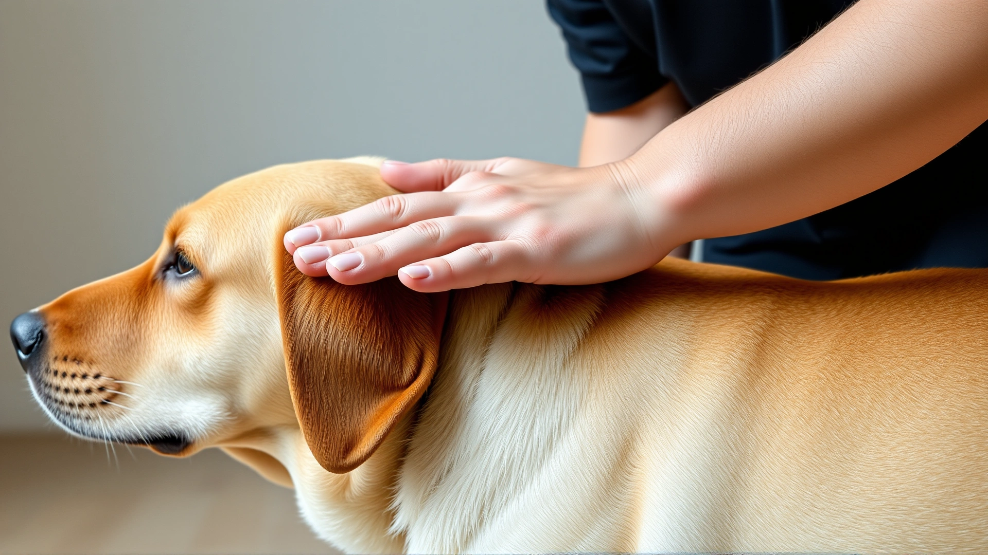Close-up of a person’s flat palm gliding along the length of a Labrador’s back to demonstrate effleurage massage technique; neutral indoor background