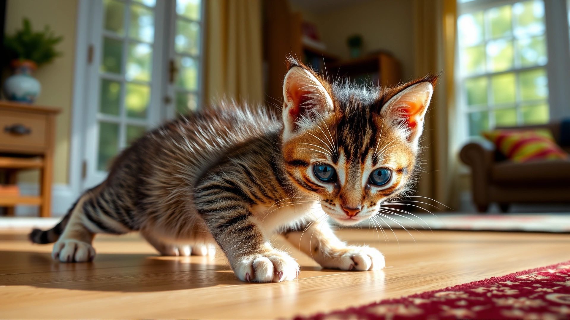 Six-month-old adolescent kitten stretching in a bright living room, showcasing the transition from kittenhood to sexual maturity.