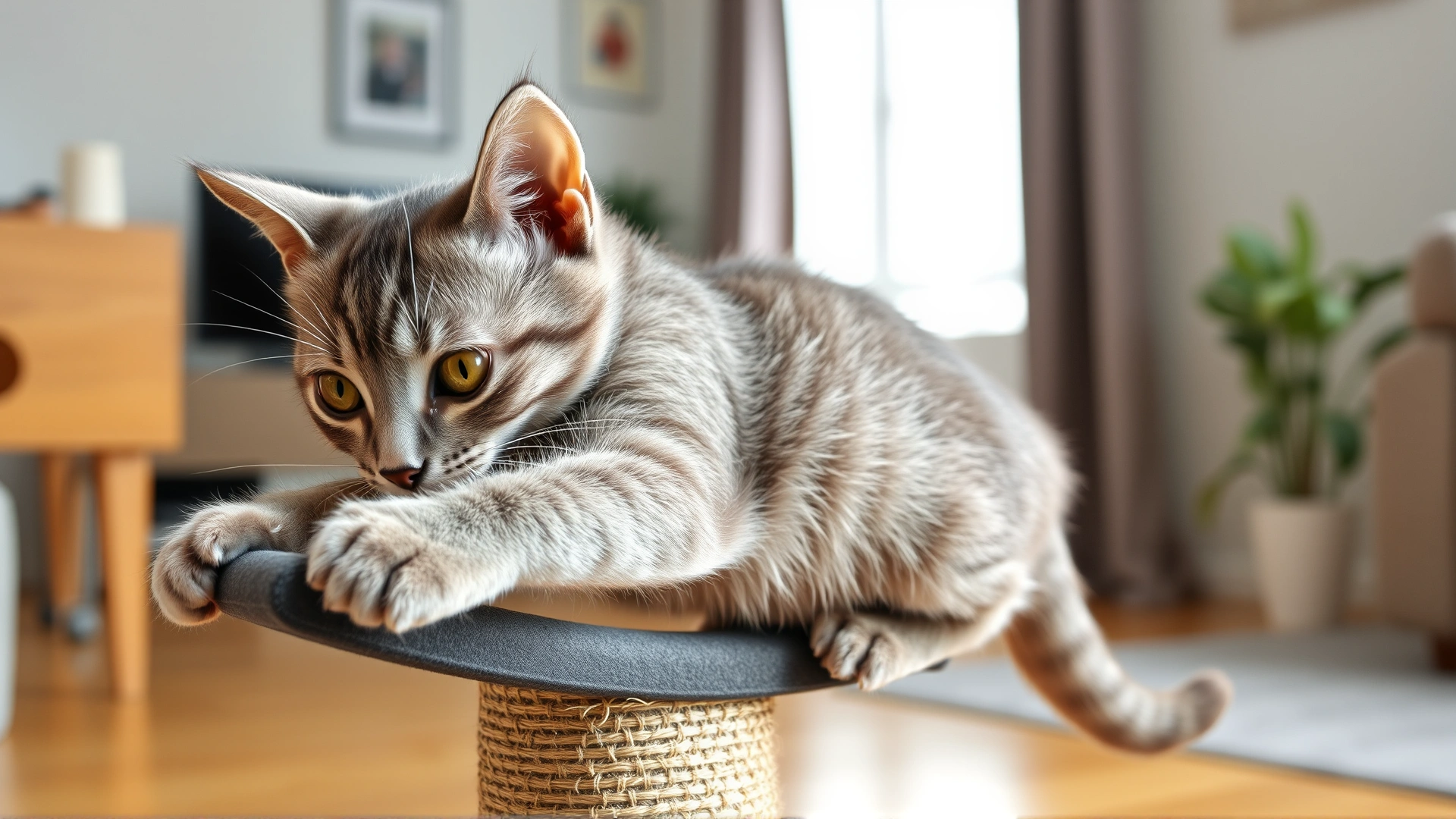 Four-month-old grey domestic shorthair cat stretching on a scratching post, bright living room, no text