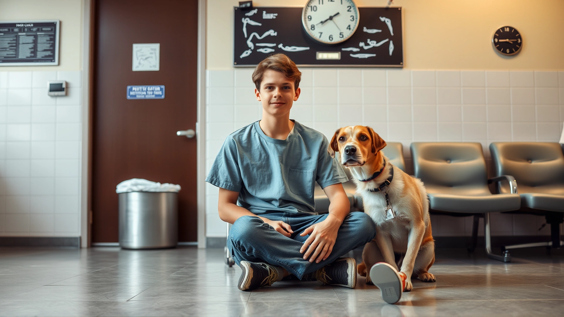 Teenager sitting next to their dog in a veterinary clinic waiting area, looking attentive and responsible.