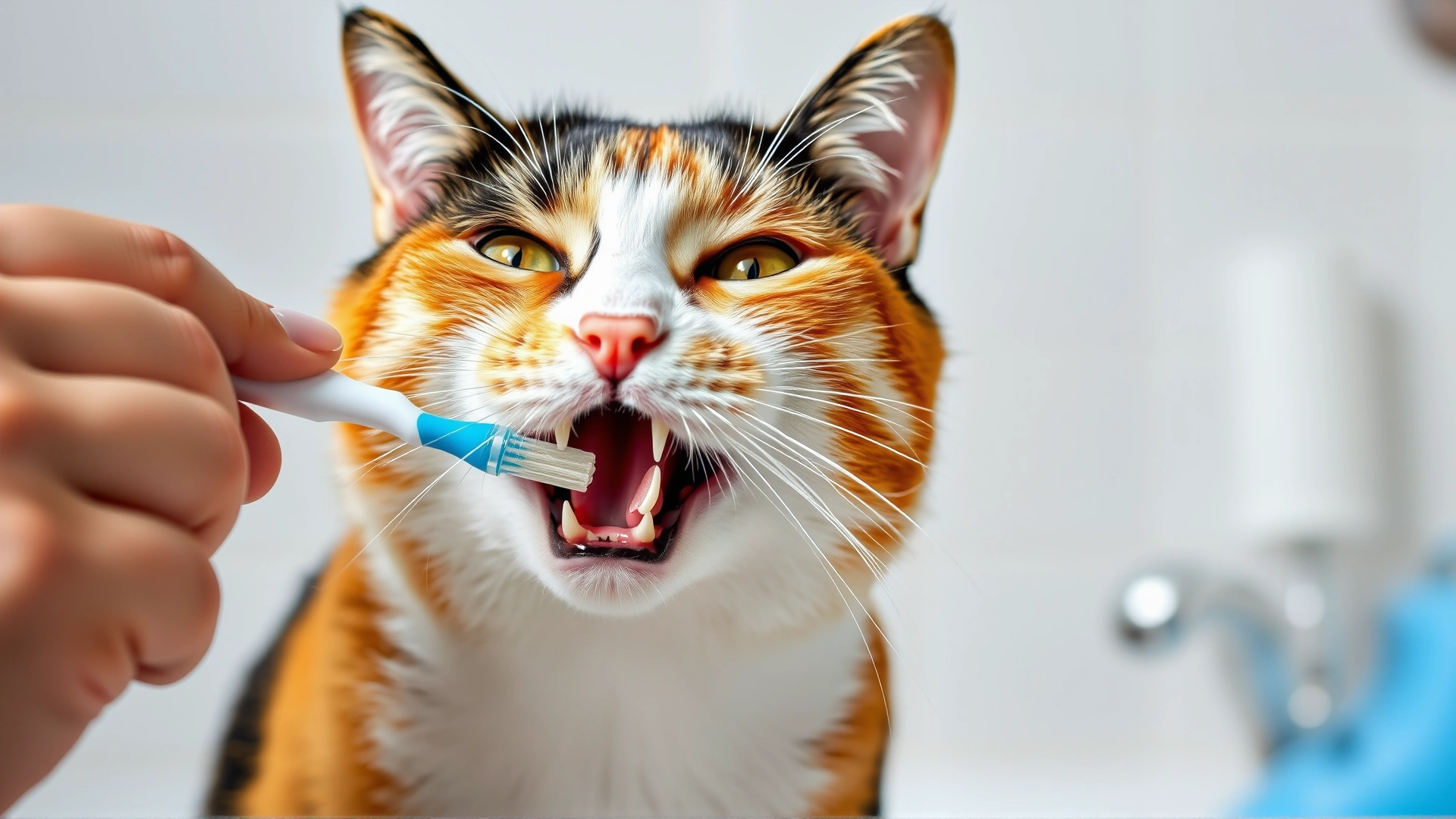 Owner using a small pet toothbrush to gently brush a calico cat’s teeth, close-up, bright bathroom environment