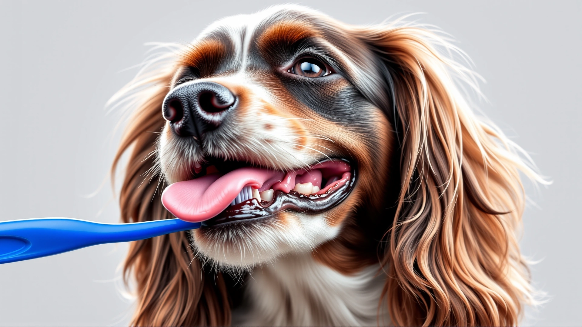 Cheerful spaniel having its teeth brushed with a blue dog toothbrush, tongue slightly out.