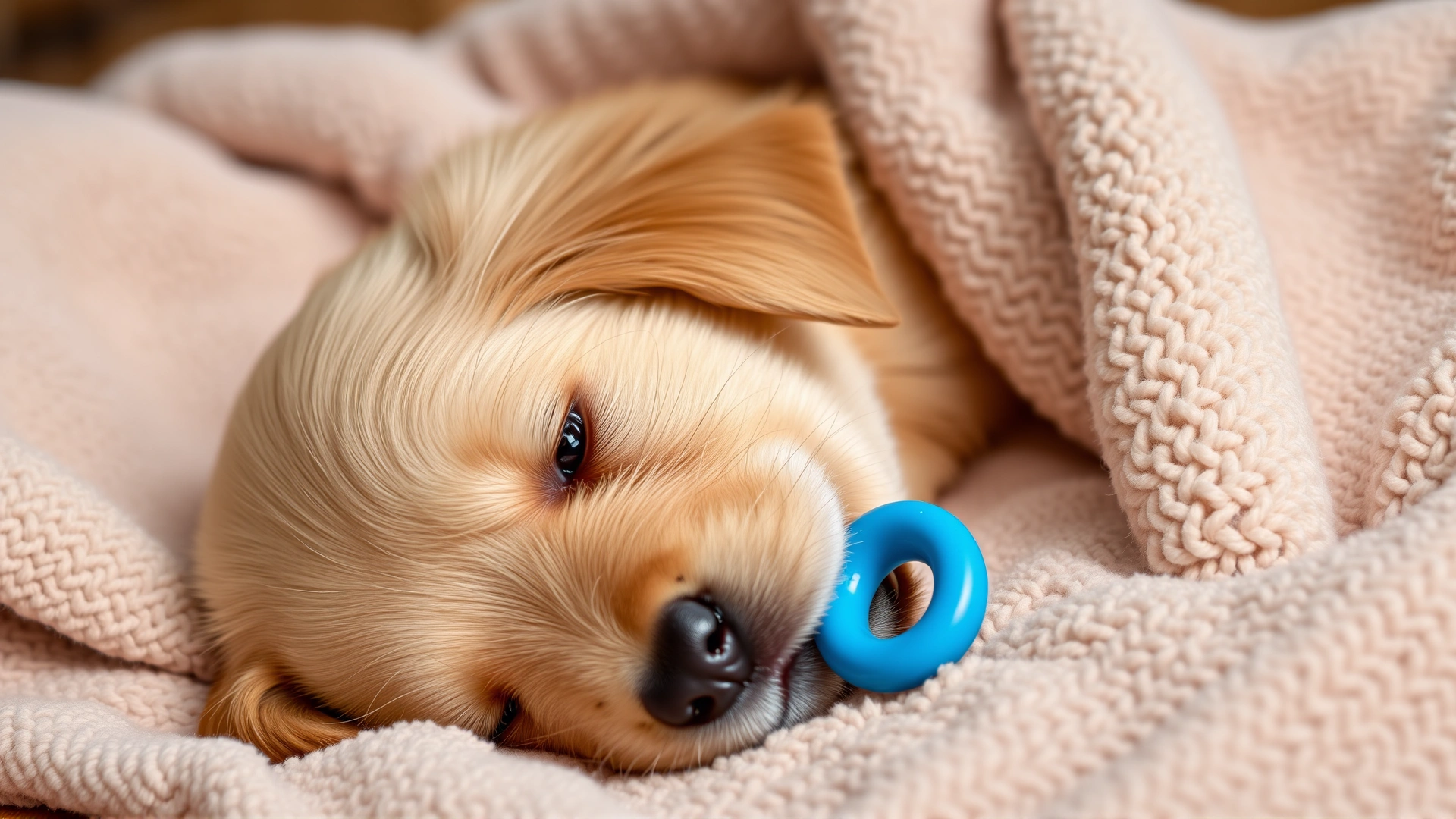 Cute golden retriever puppy lying on a soft blanket while soothing gums with a blue teething ring; close-up shot.