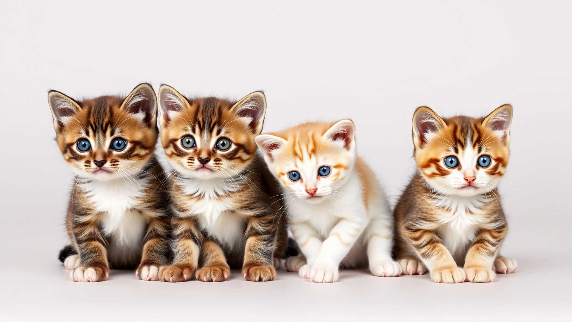 Three kittens of different ages (8 weeks, 4 months, 6 months) sitting side by side on a plain neutral background to visually suggest growth stages, no text