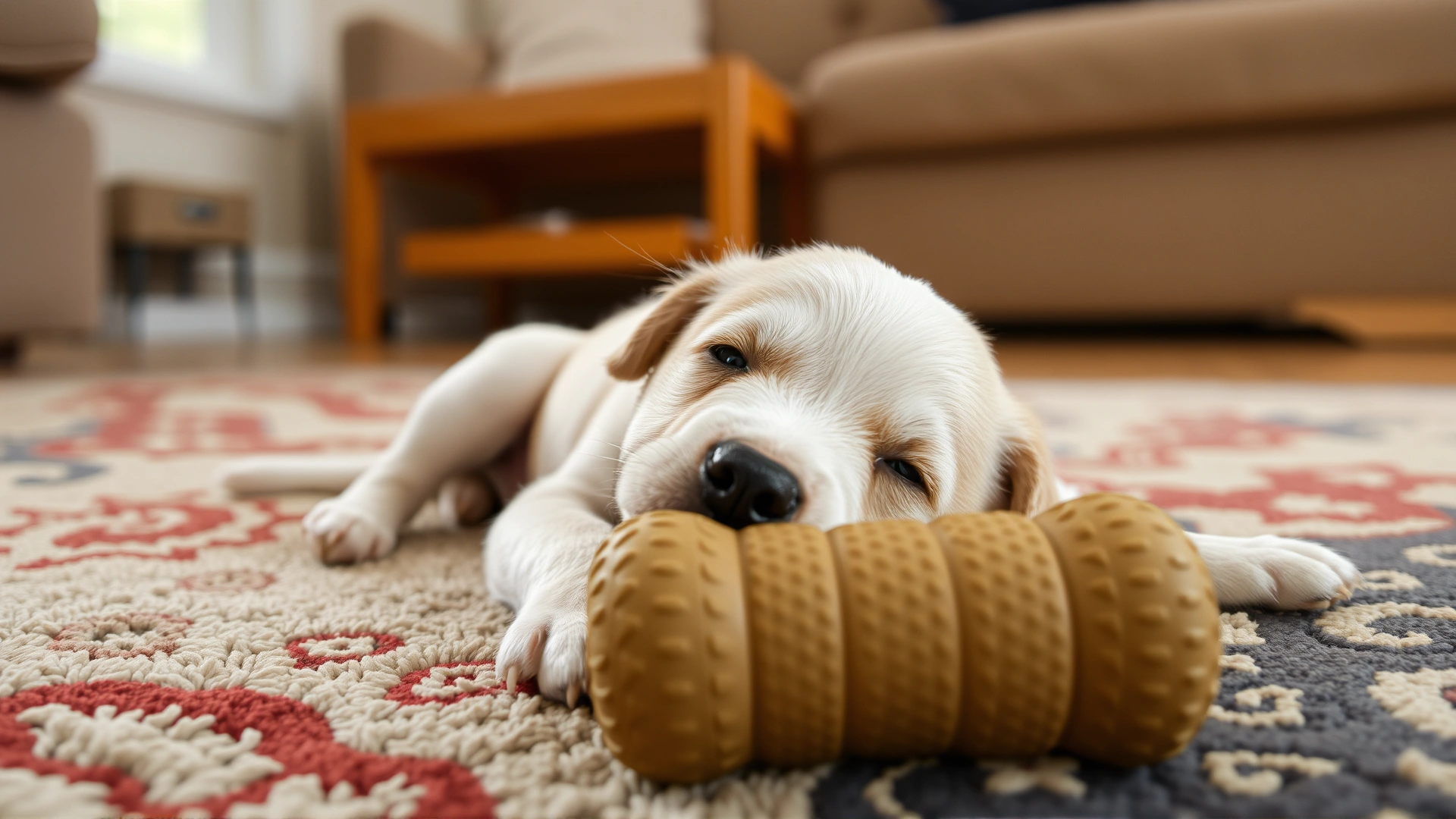 A young puppy chewing on a textured rubber teething toy on a living-room rug.