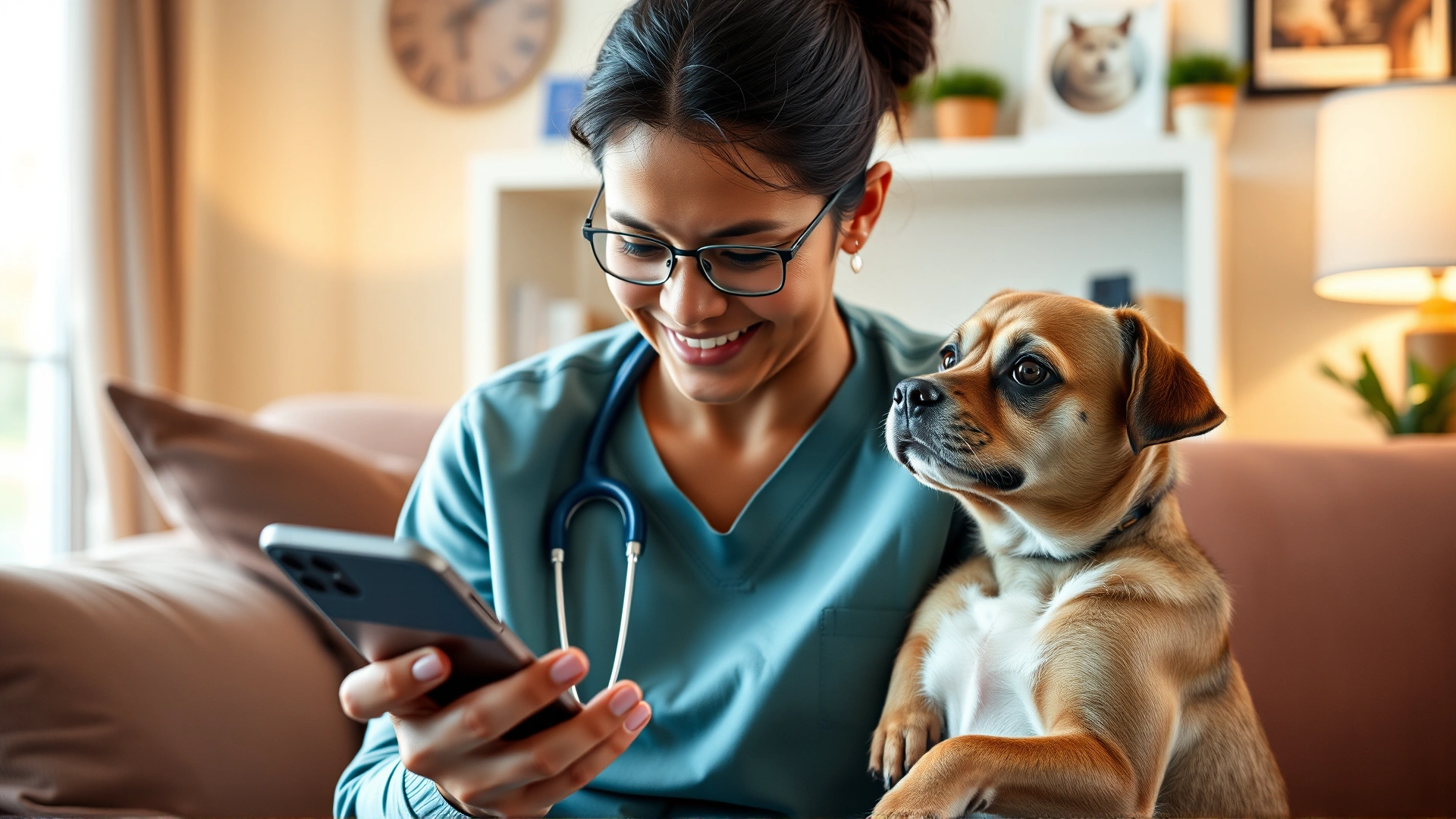 Pet owner holding a smartphone and having a video consultation with a veterinarian, cozy living room background.