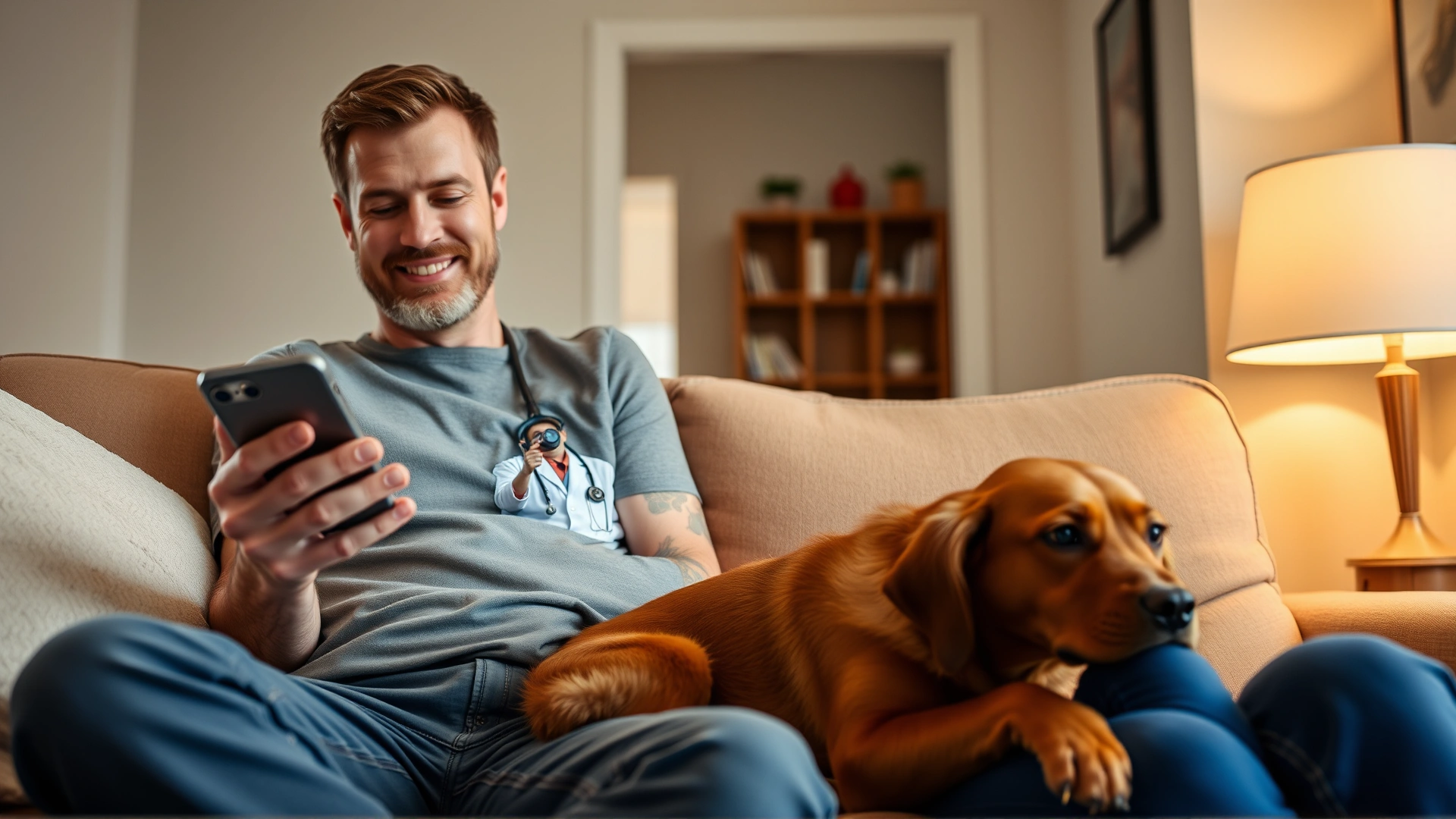 Dog owner sitting on a couch holding a smartphone video call with a veterinarian, dog beside them, warm home interior.