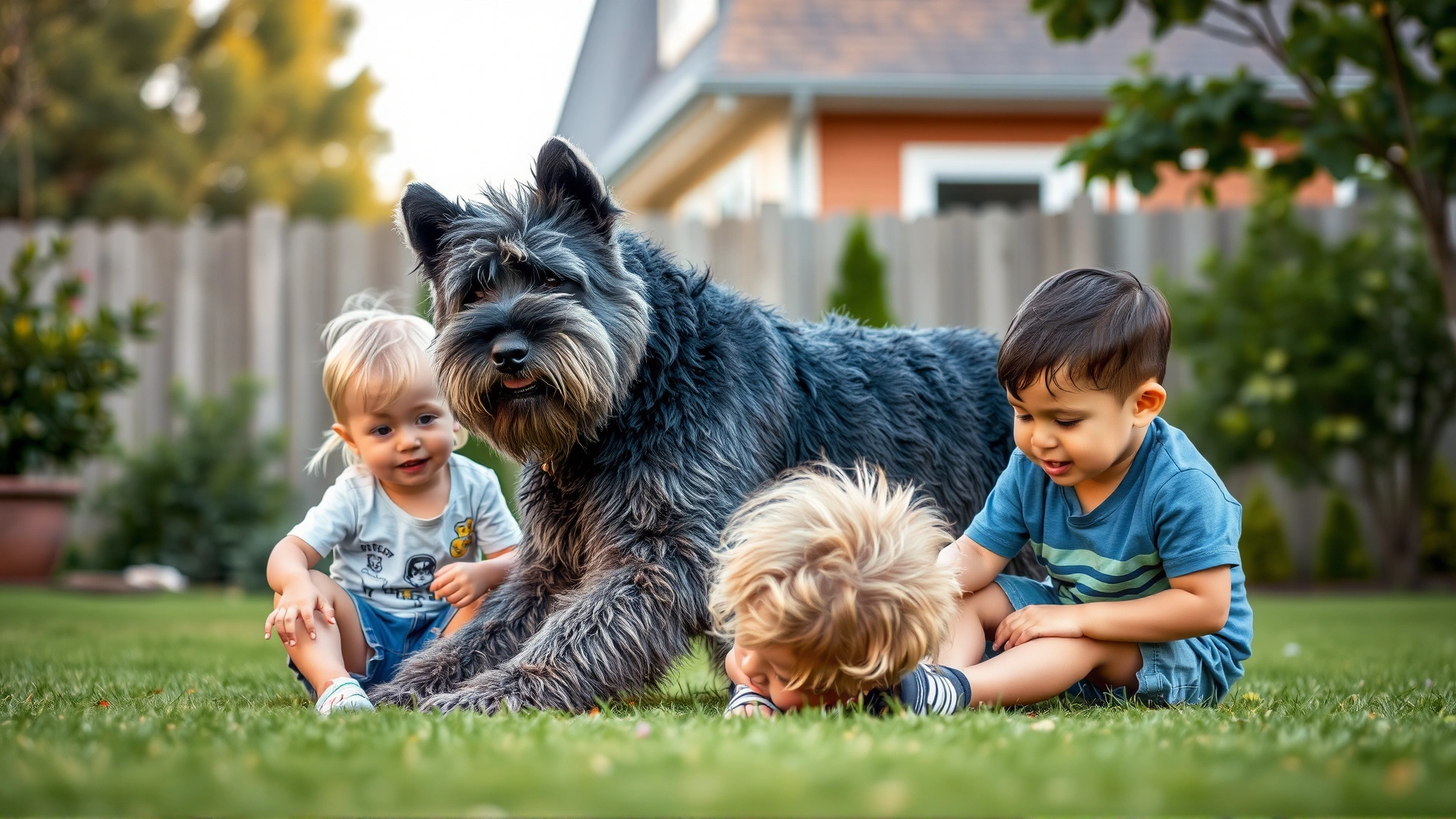 Bouvier des Flandres calmly playing with two young children in a suburban backyard, emphasizing its gentle and protective nature.