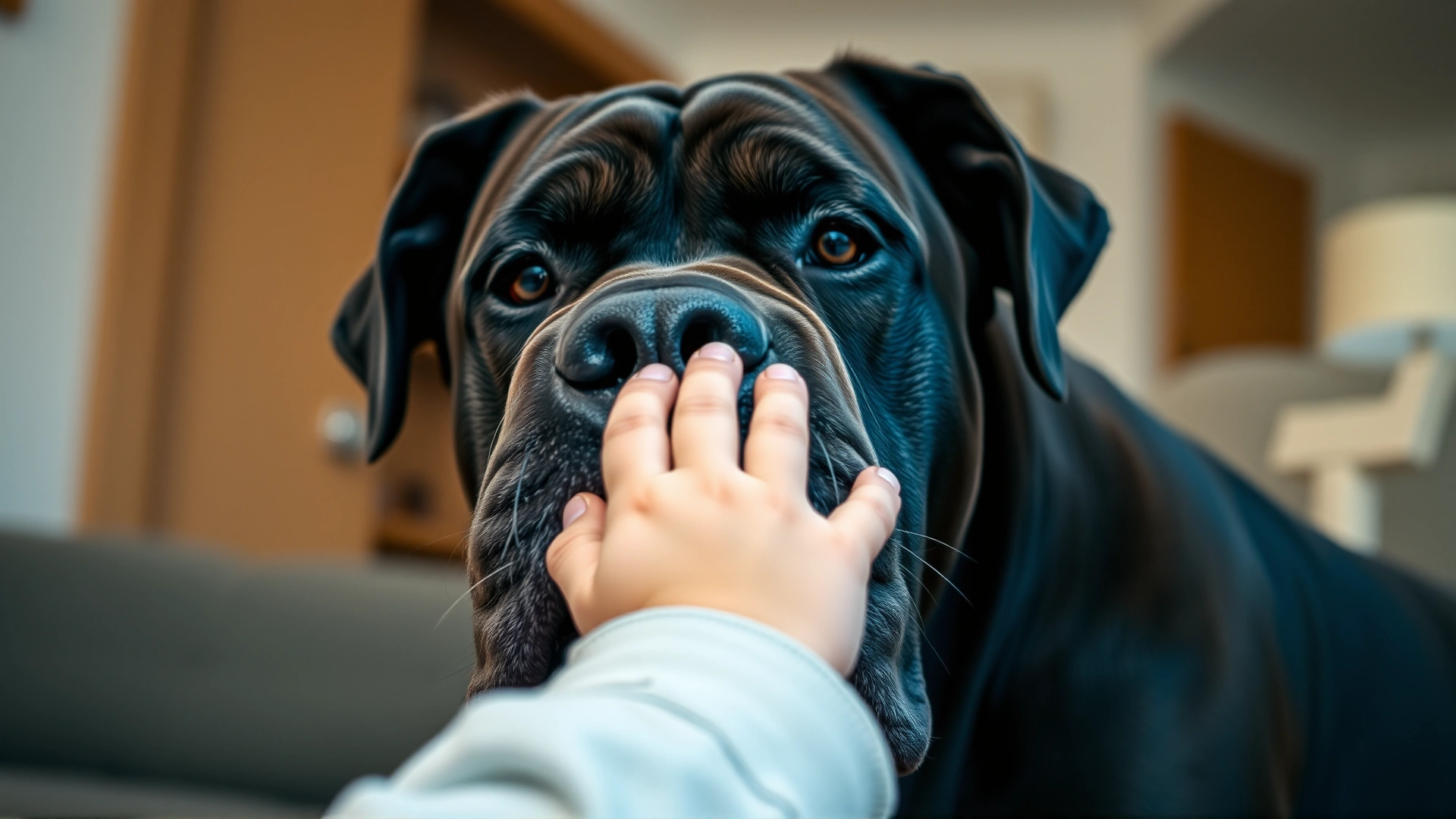 Close-up portrait of a Cane Corso gently nuzzling a child’s hand indoors, demonstrating its gentle side, softly lit, no text.