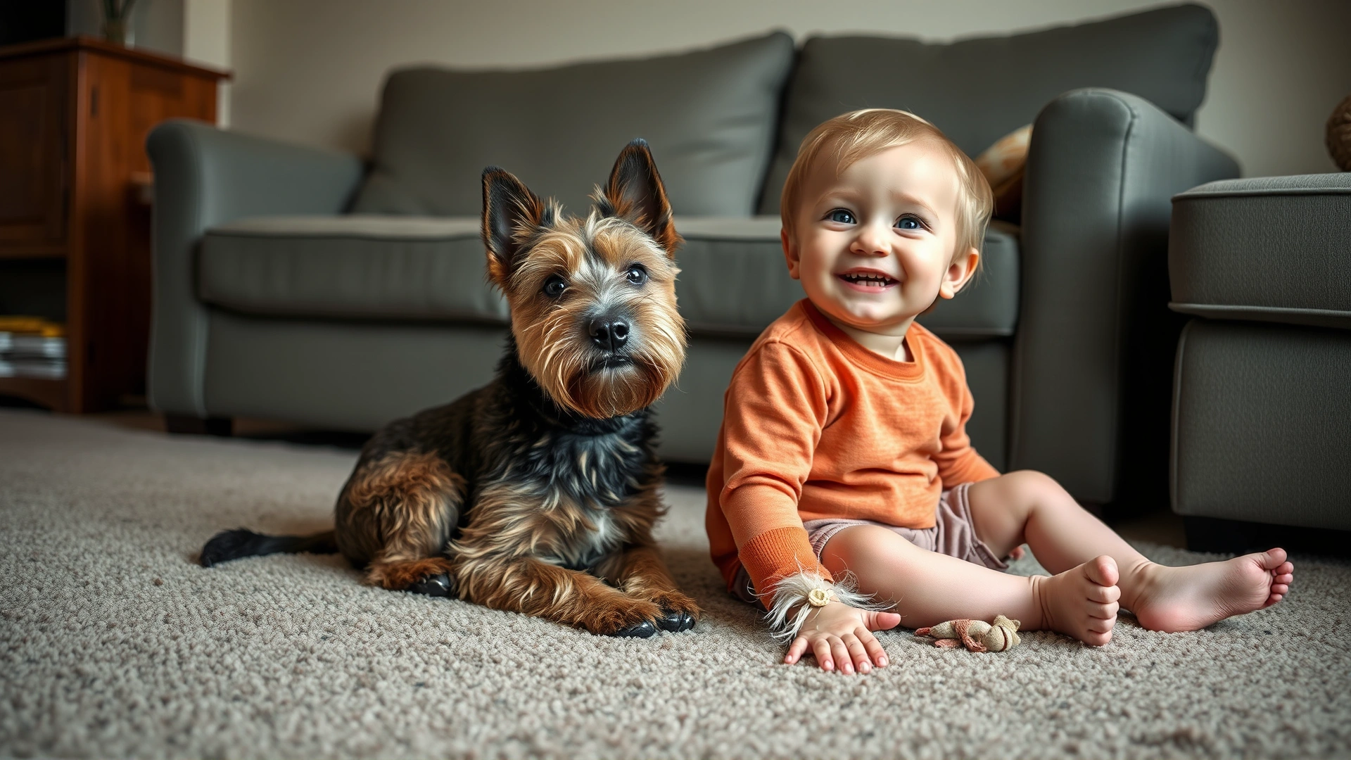Candid photo of a Glen of Imaal Terrier calmly sitting beside a smiling child on a living-room carpet, illustrating the breed’s gentle family nature