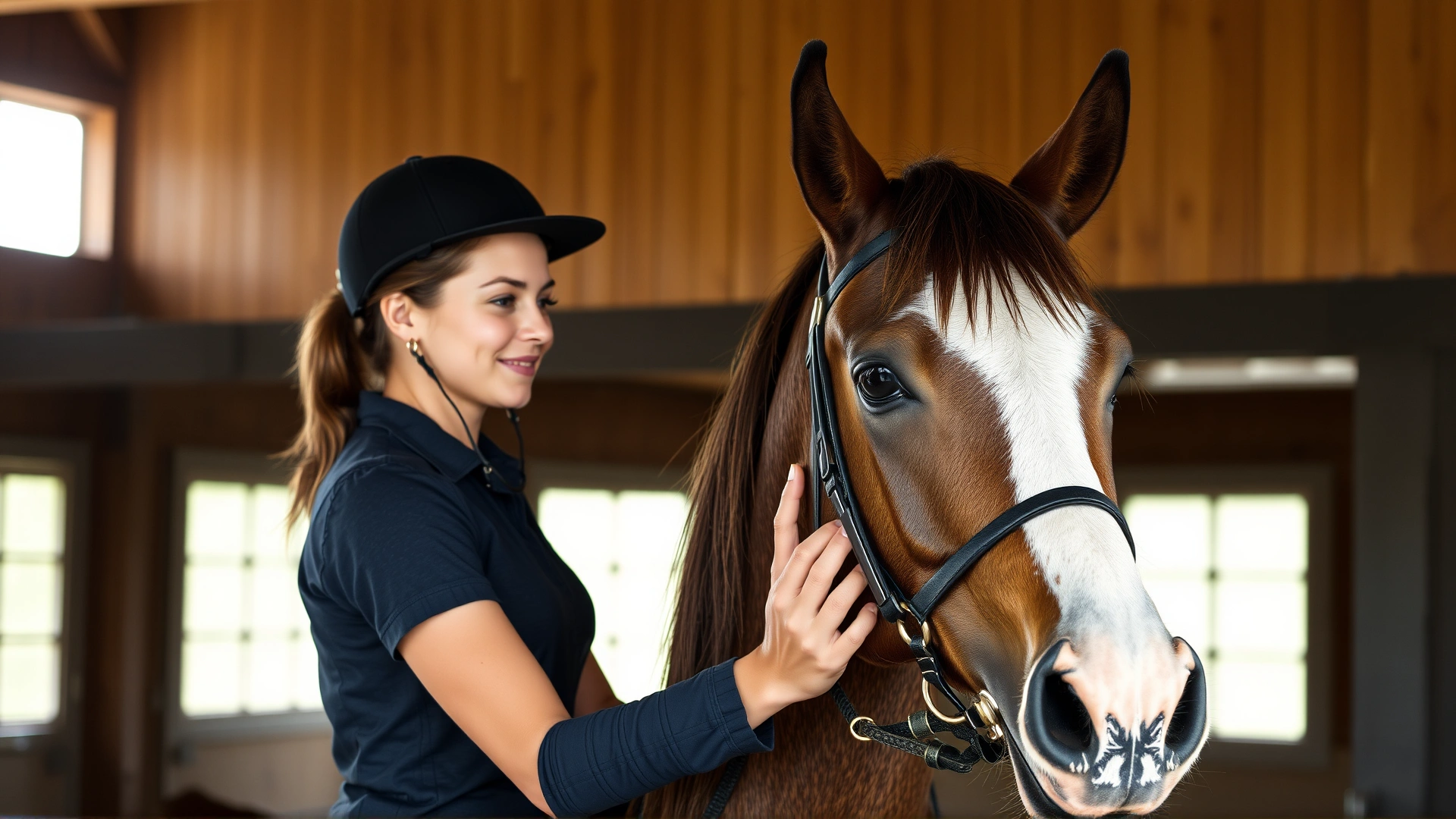 Young female rider gently stroking a calm Holsteiner horse inside a wooden stable, soft ambient lighting
