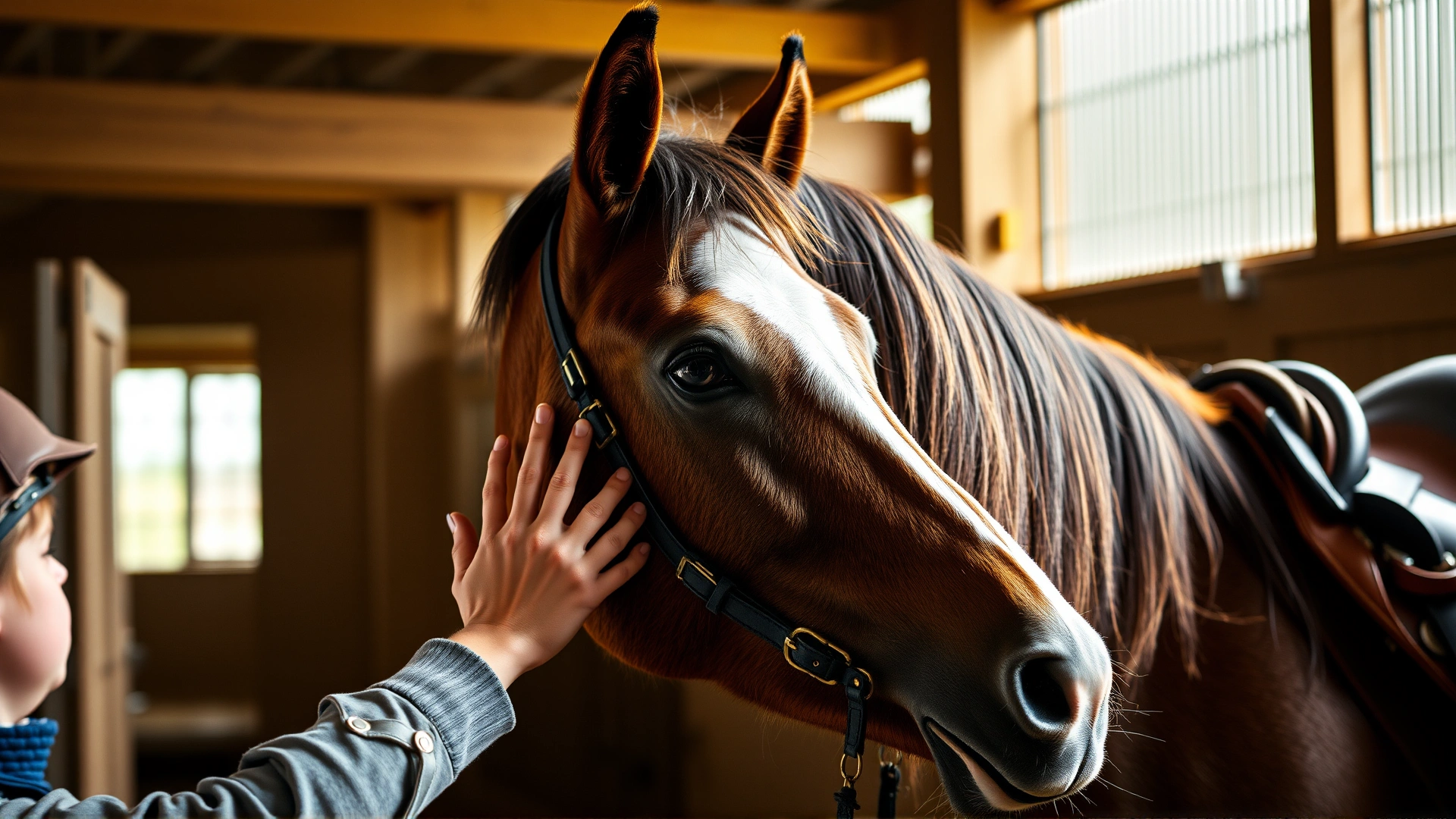 Close-up of a French Cob horse being gently stroked by a young rider in a stable, showcasing the horse's calm temperament, warm lighting, high-resolution photo
