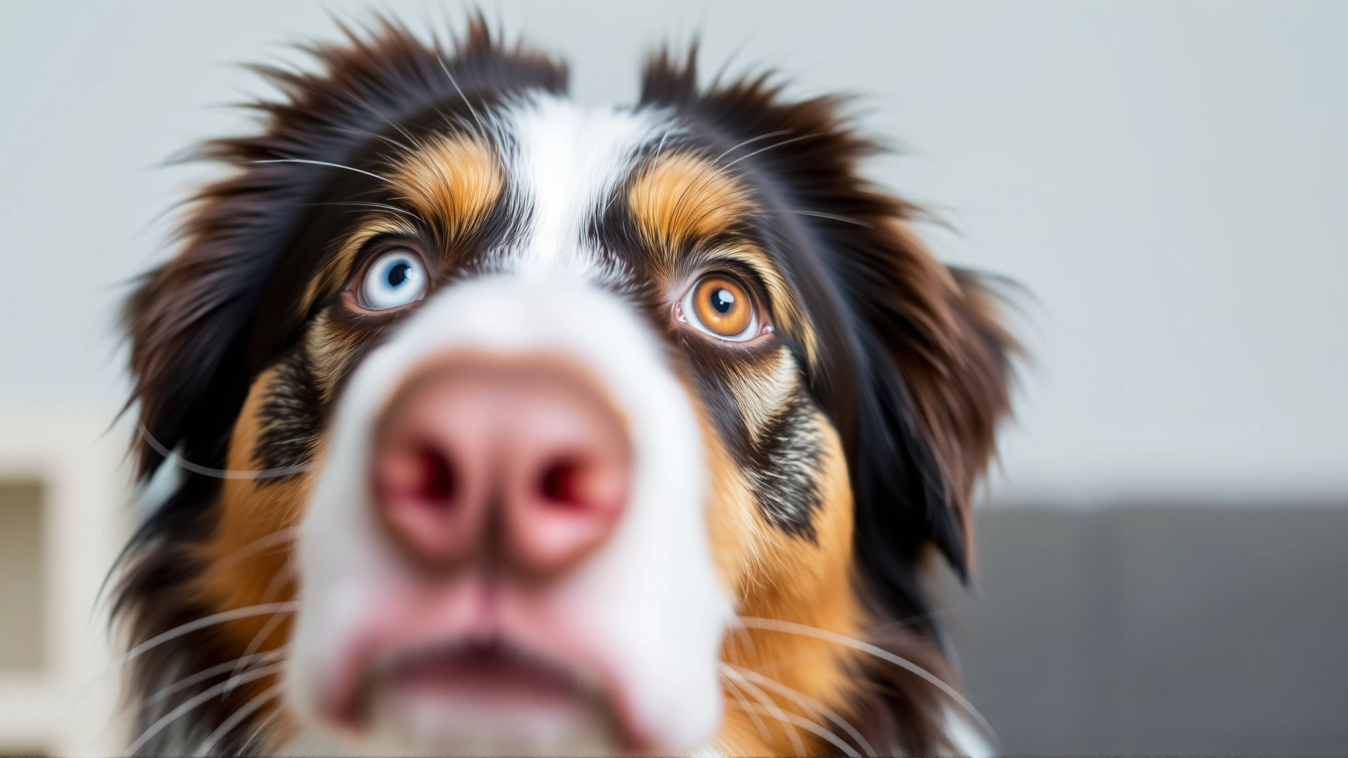 Close-up portrait of an Australian Shepherd with heterochromatic eyes (one blue, one brown) looking up attentively, indoor soft lighting.