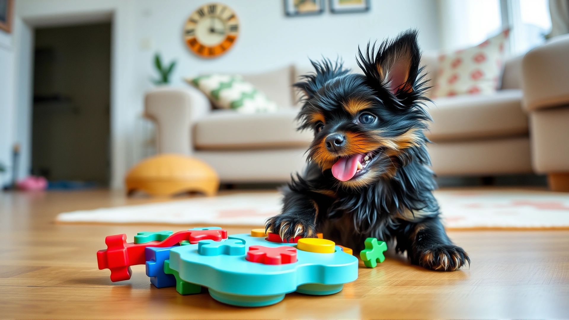 Playful Affenpinscher interacting with a colorful puzzle toy on a living room floor, bright and cheerful atmosphere.