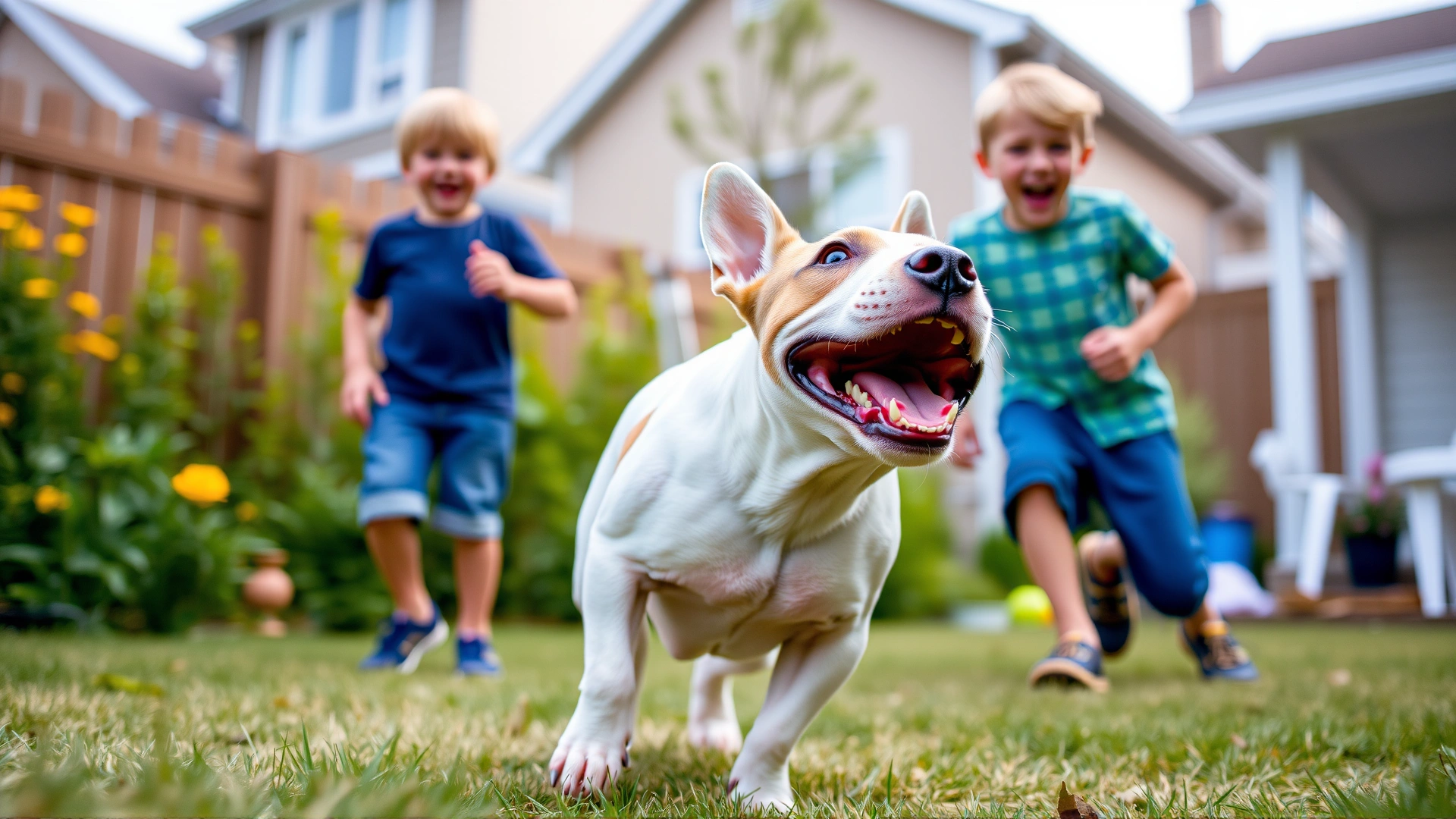Miniature Bull Terrier happily playing fetch with two laughing children in a suburban backyard, vibrant colors, shallow depth of field