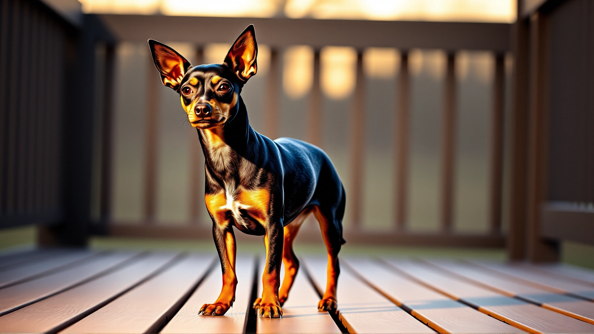 Miniature Pinscher standing with confident stance on a wooden deck, soft sunset lighting