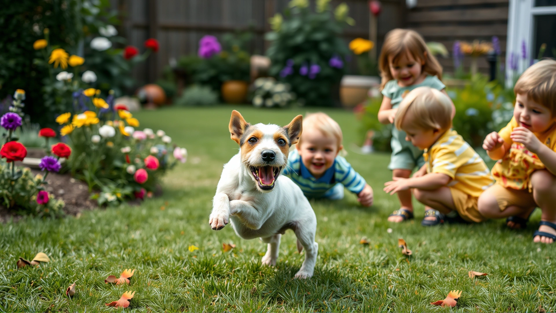 A Russell Terrier playing with children in a garden, demonstrating its social and energetic personality