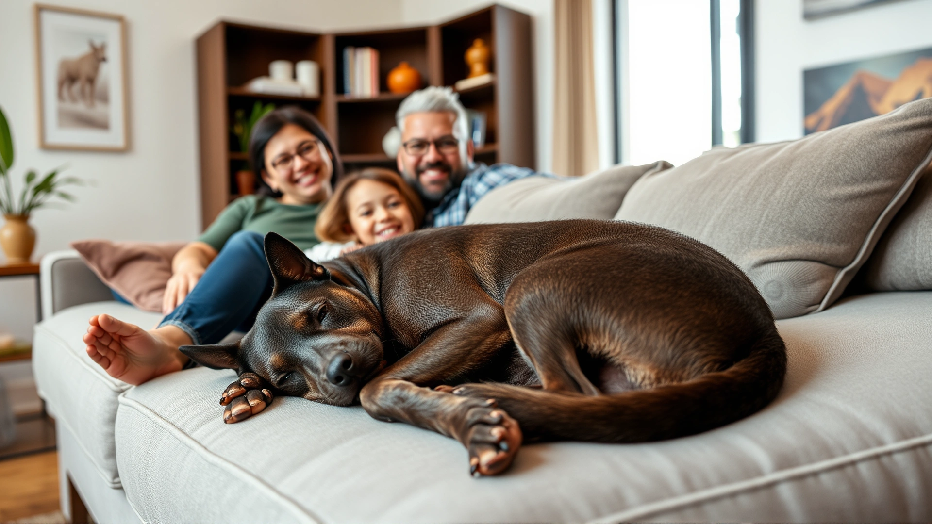 A Xoloitzcuintli curled up on a modern living room sofa with a smiling family, demonstrating its affectionate temperament.