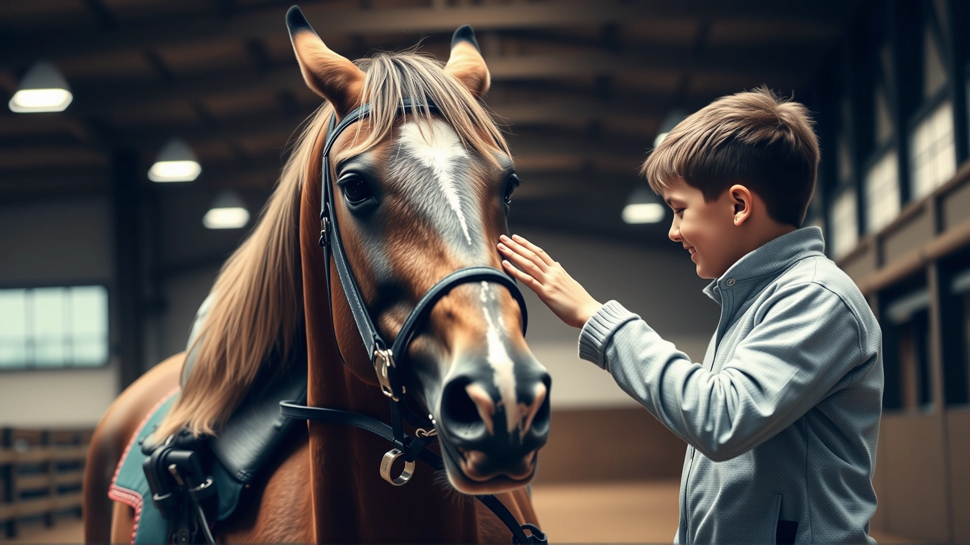 Young rider gently patting a calm Knabstrupper horse on the neck inside an indoor arena, showcasing the breed's friendly temperament