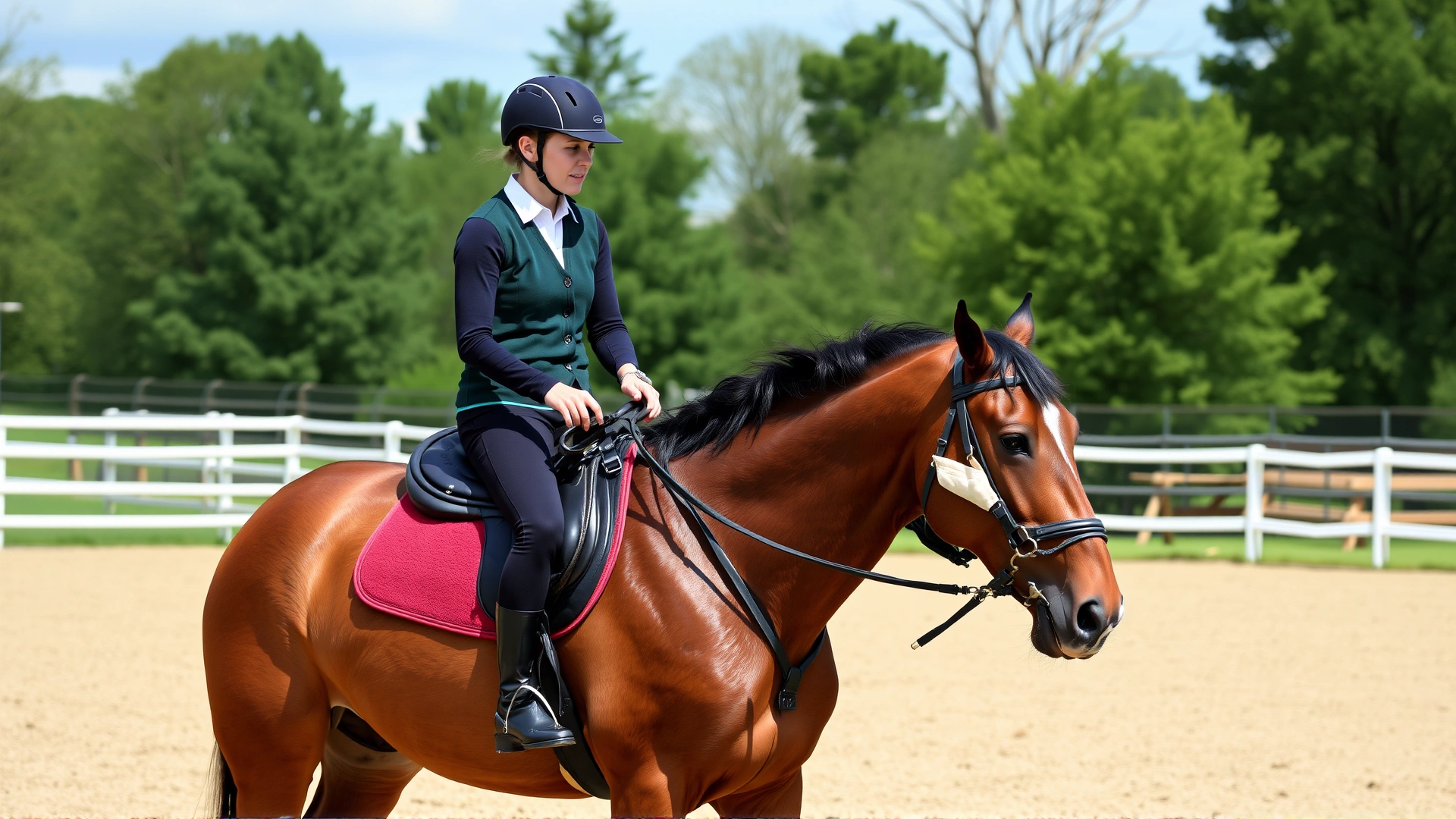 Gelderland horse gently interacting with a confident intermediate rider in an outdoor arena, rider offering a treat, friendly atmosphere.